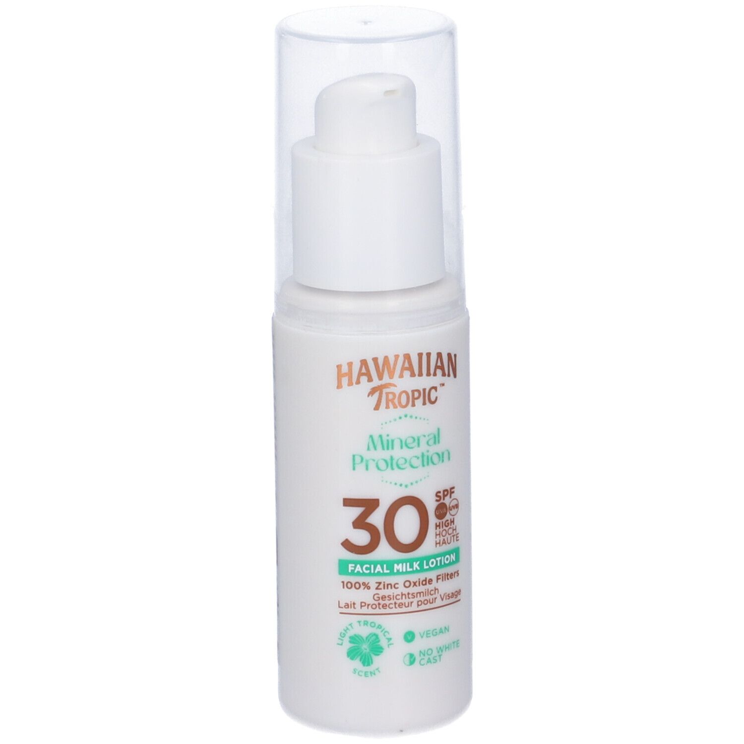Weiße Flasche mit Pumpverschluss. Aufschrift: Hawaiian Tropic, Mineral Protection, 30 SPF, Facial Milk Lotion. Vegan.