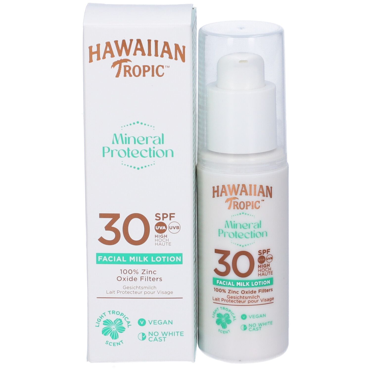 Produktflasche und Verpackung. Aufschrift: Hawaiian Tropic, Mineral Protection, 30 SPF, Facial Milk Lotion. Vegan.
