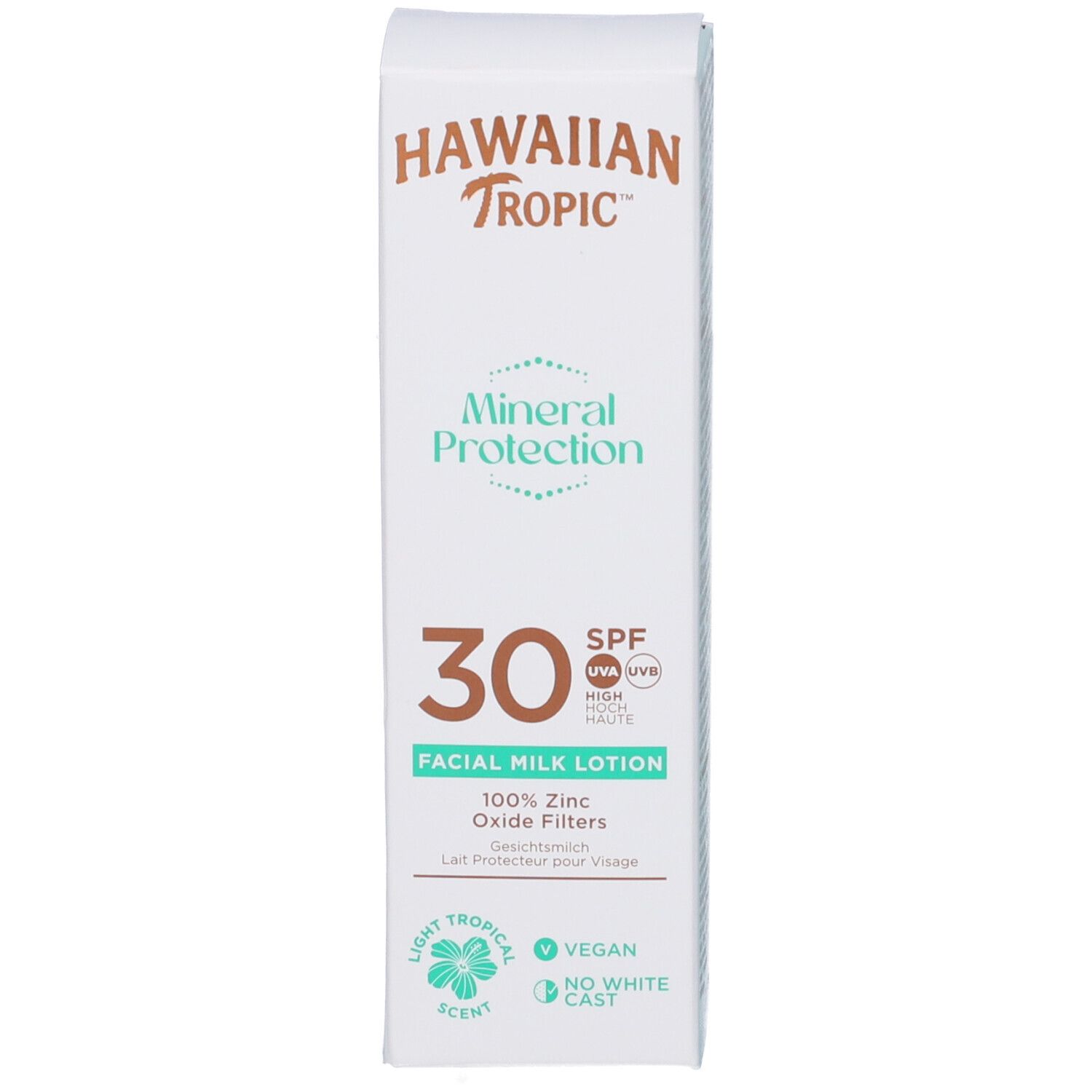 Verpackung. Aufschrift: Hawaiian Tropic, Mineral Protection, 30 SPF, Facial Milk Lotion. Vegan.