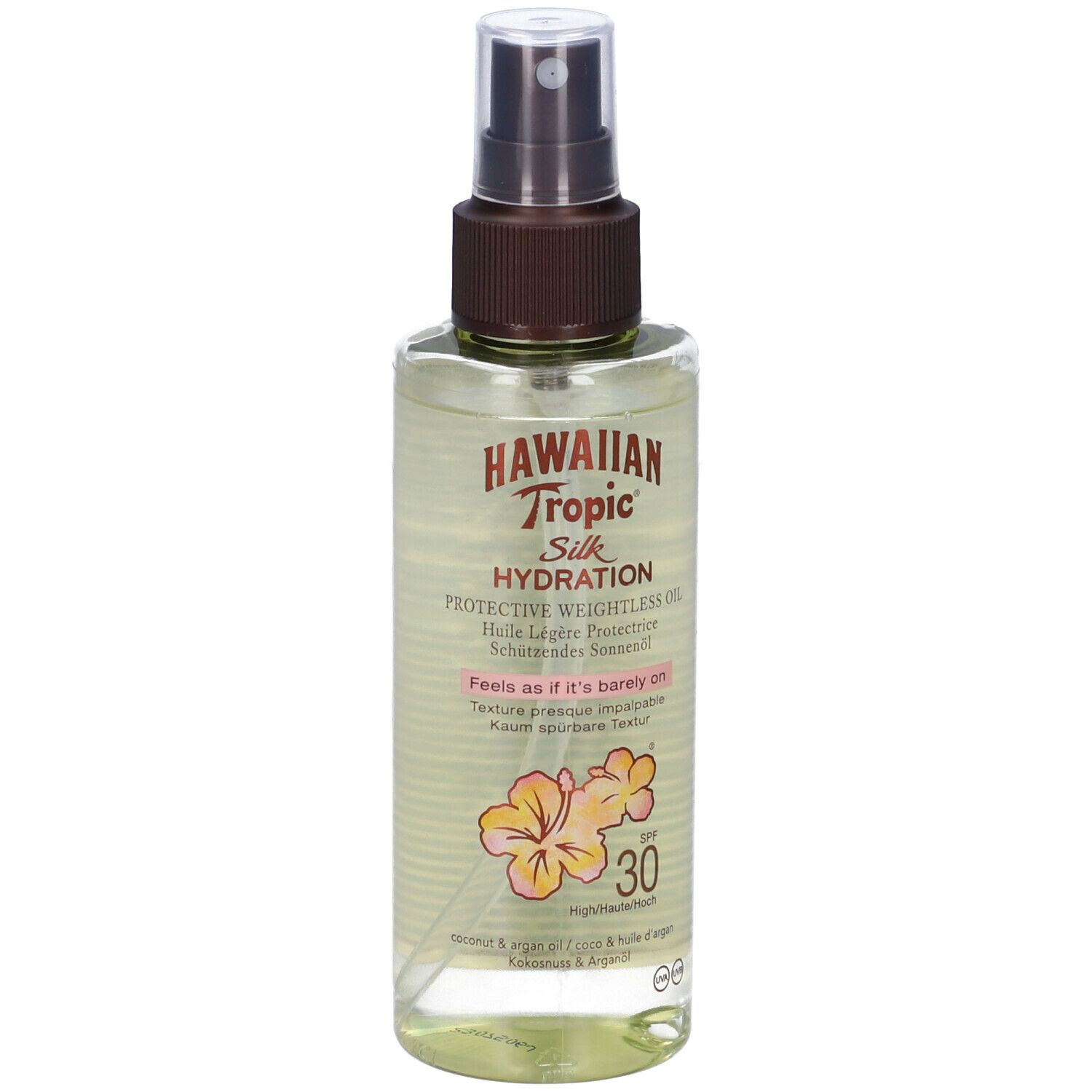 Schutzöl-Spray mit SPF 30. Klarer Behälter mit braunem Sprühkopf. Aufschrift: Hawaiian Tropic Silk Hydration.