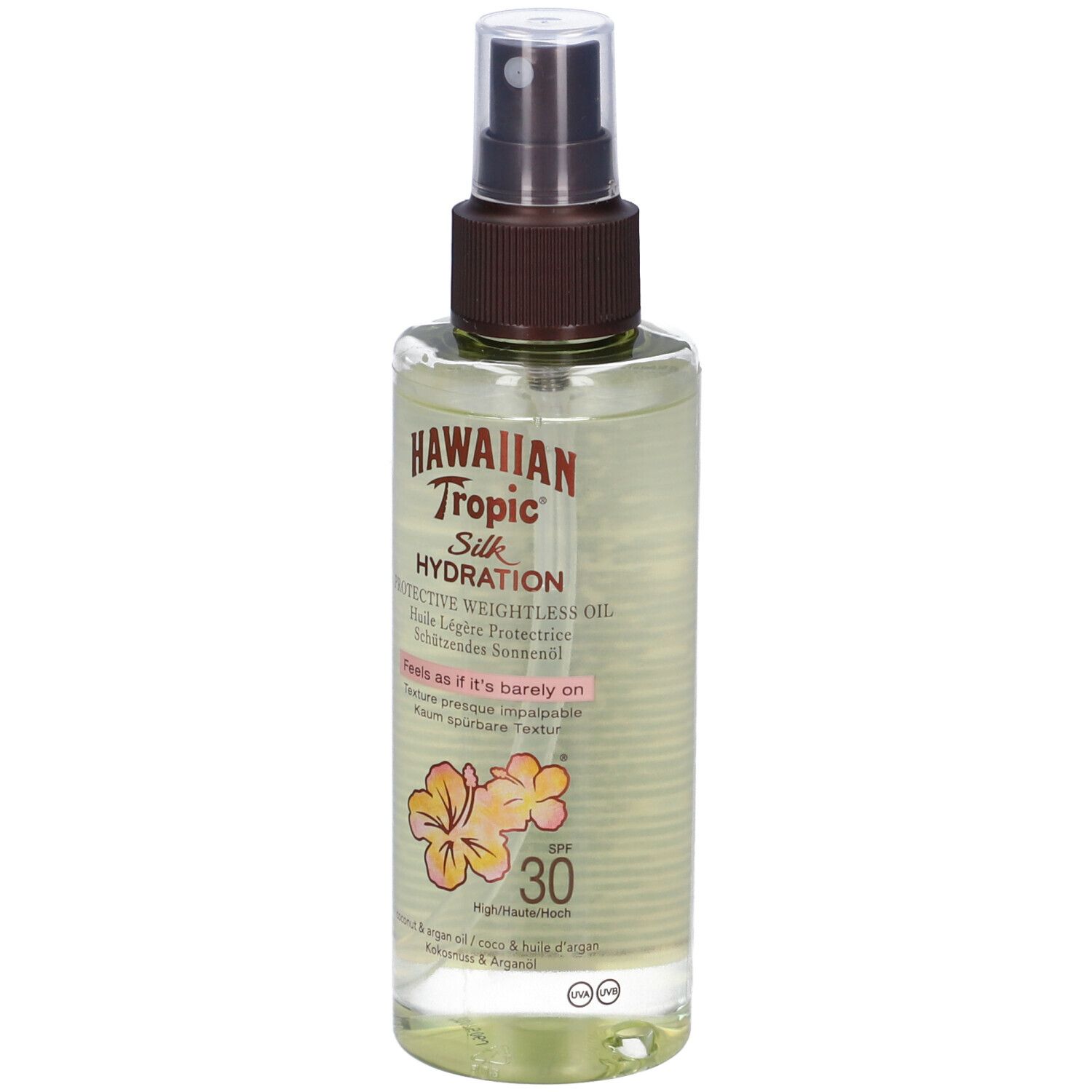 Schutzöl-Spray mit SPF 30. Klarer Behälter mit braunem Sprühkopf. Aufschrift: Hawaiian Tropic Silk Hydration.