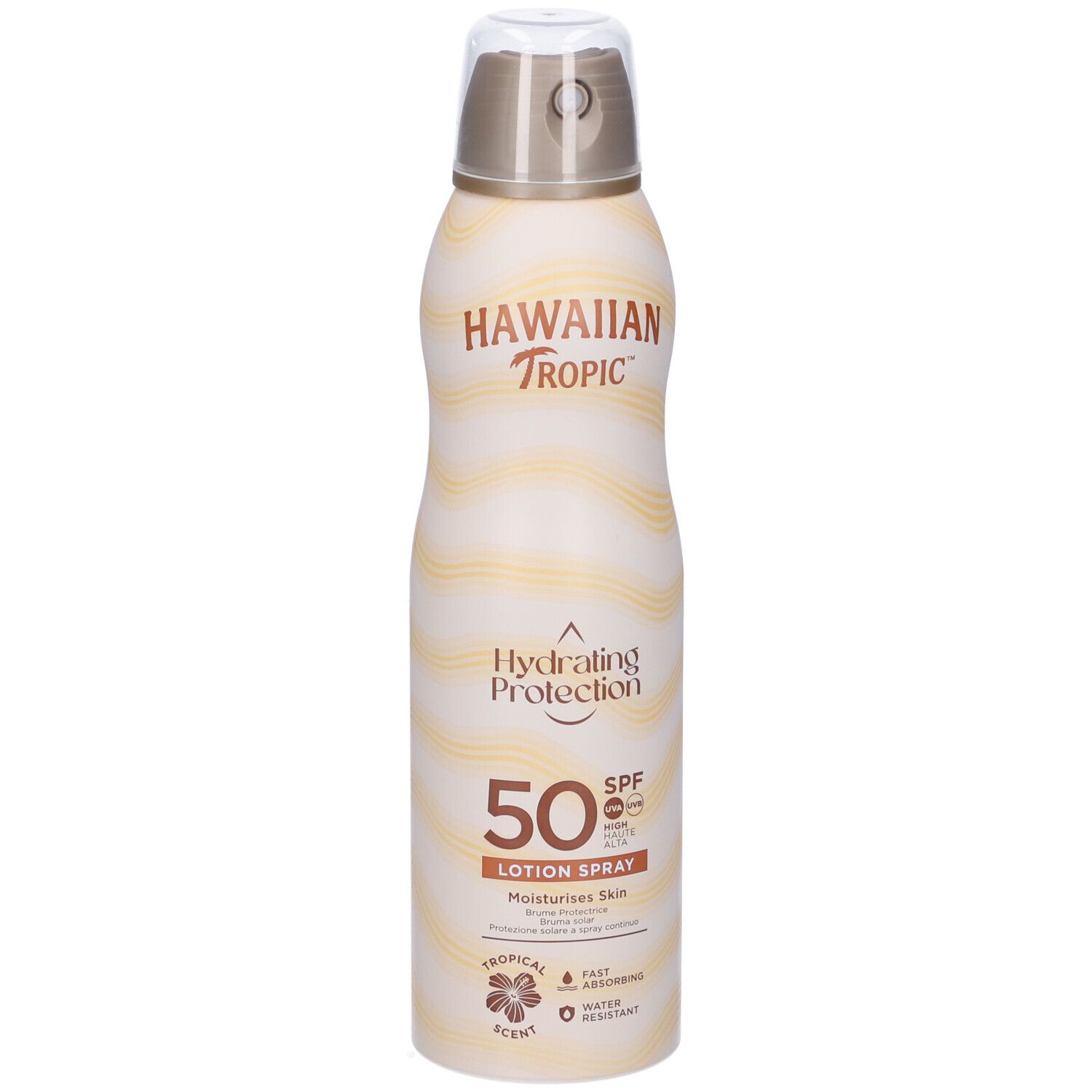 Sonnenschutzspray Hawaiian Tropic SPF 50. Weiße Flasche mit braunen und gelben Wellen. Sprühkopf. Text: Hydrating Protection, Lotion Spray.