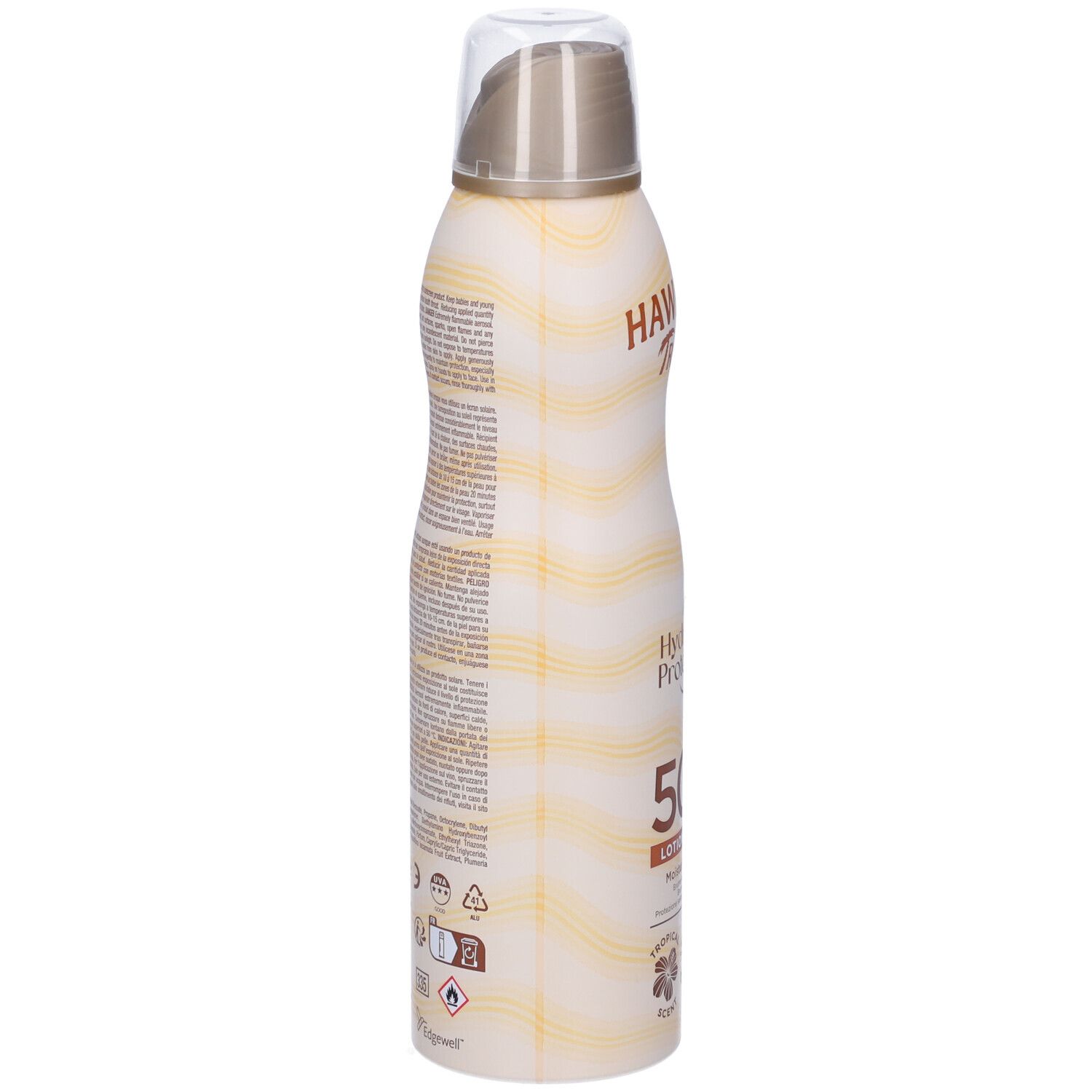 Rückseite der Sonnenschutzspray-Flasche. Weiße Flasche mit gelben Wellen. Text und Symbole. Herstellerinformationen.