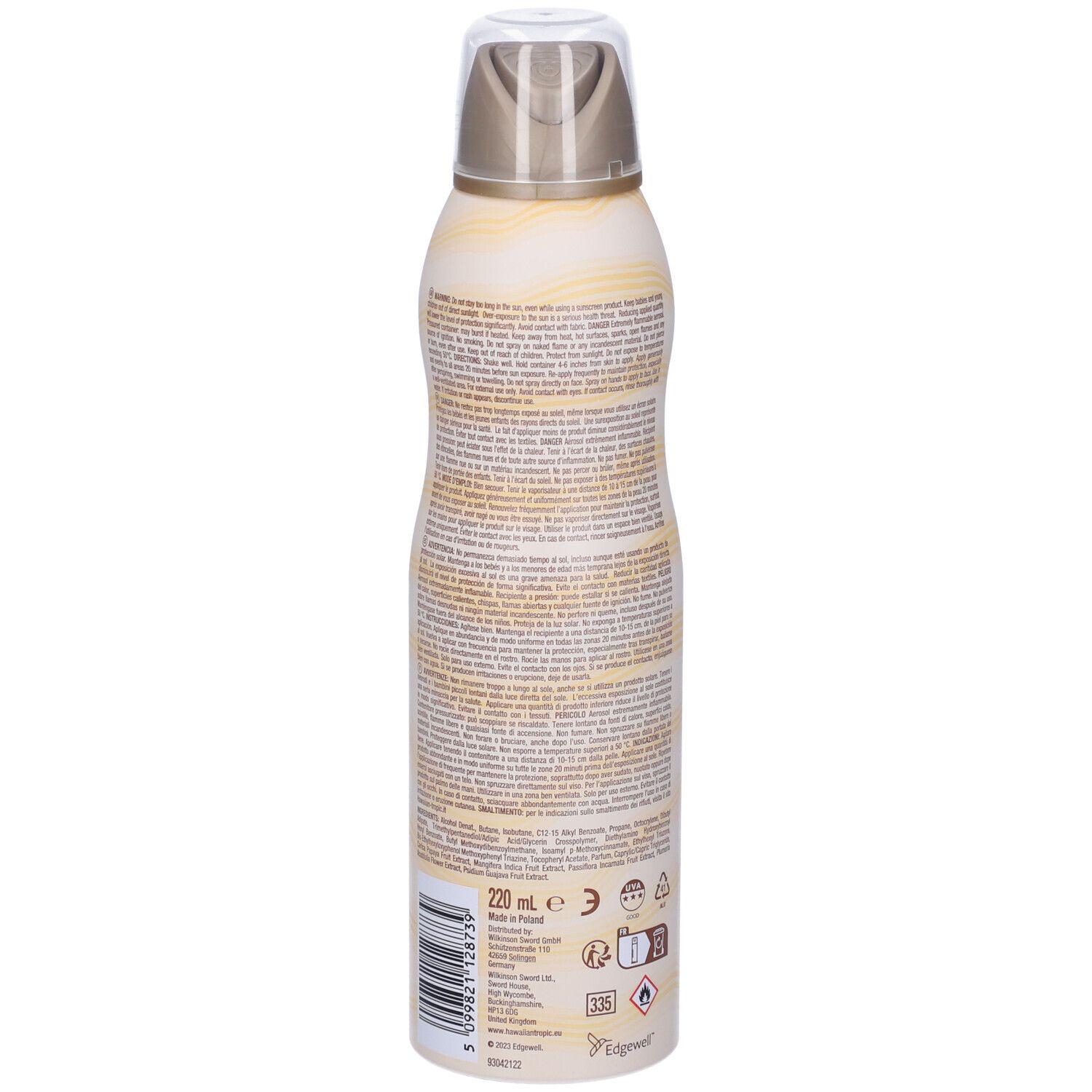 Rückseite der Sonnenschutzspray-Flasche. Weiße Flasche mit gelben Wellen. Text und Symbole. Volumen: 220 ml.