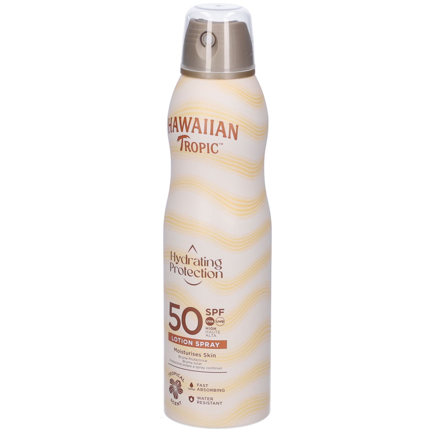 Sonnenschutzspray mit SPF 50. Marke: Hawaiian Tropic. Flasche mit Sprühkopf. Wellenförmiges Design. Text: Hydrating Protection, Lotion Spray.
