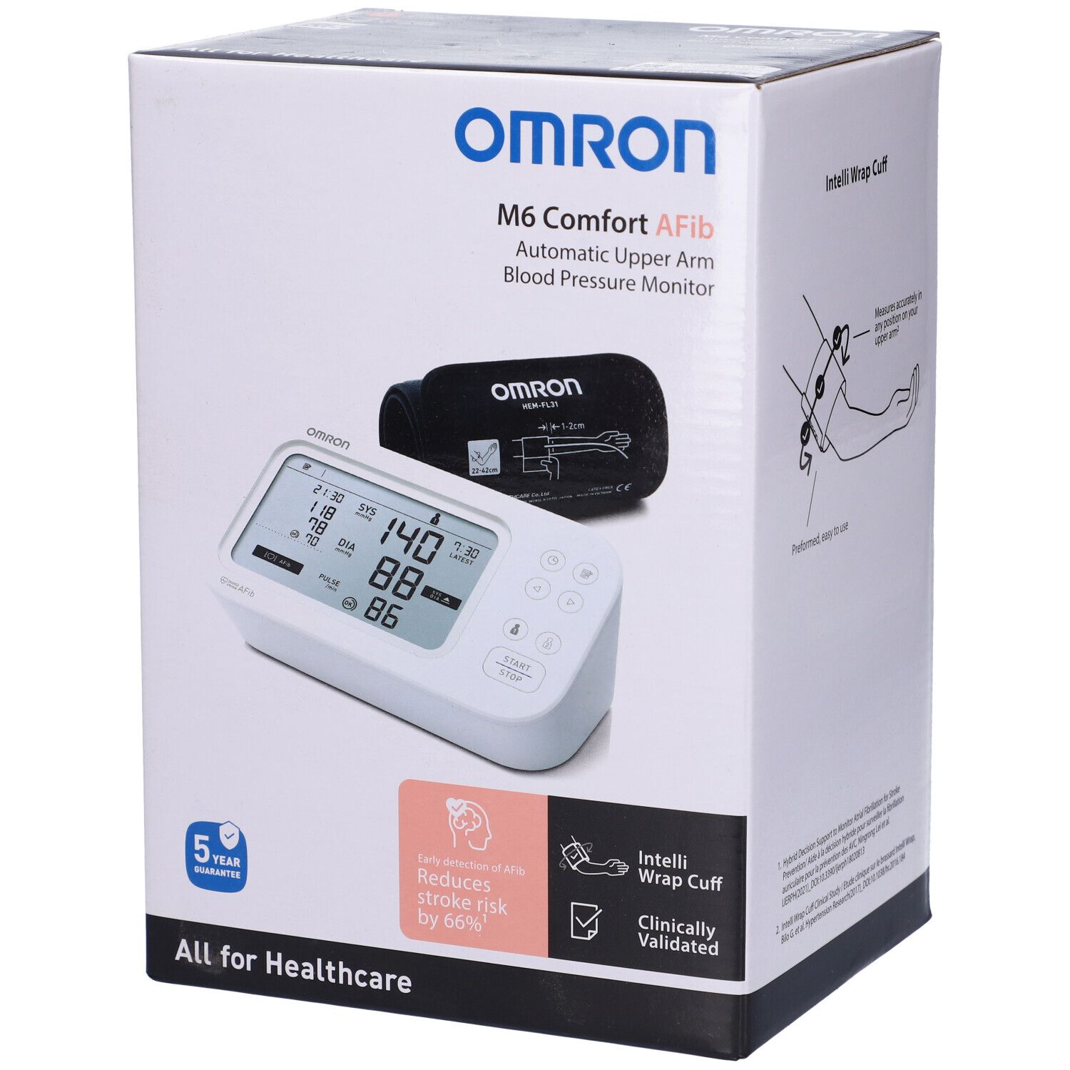 Omron M6 Comfort AFib Oberarm-Blutdruckmessgerät auf Kartonverpackung mit Abbildung des Geräts und Manschette.