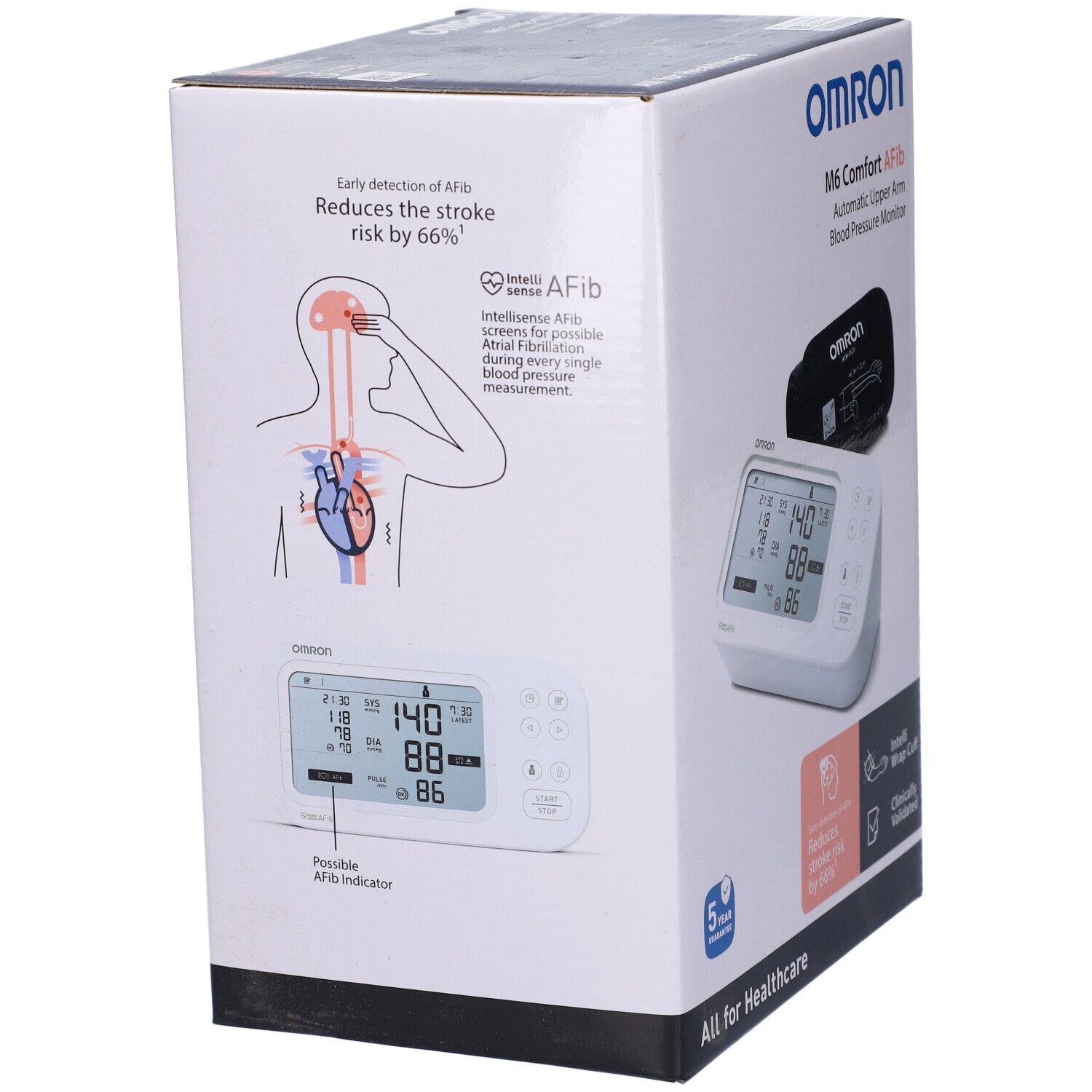 Omron M6 Comfort AFib Oberarm-Blutdruckmessgerät auf Kartonverpackung mit Abbildung des Geräts und Manschette.