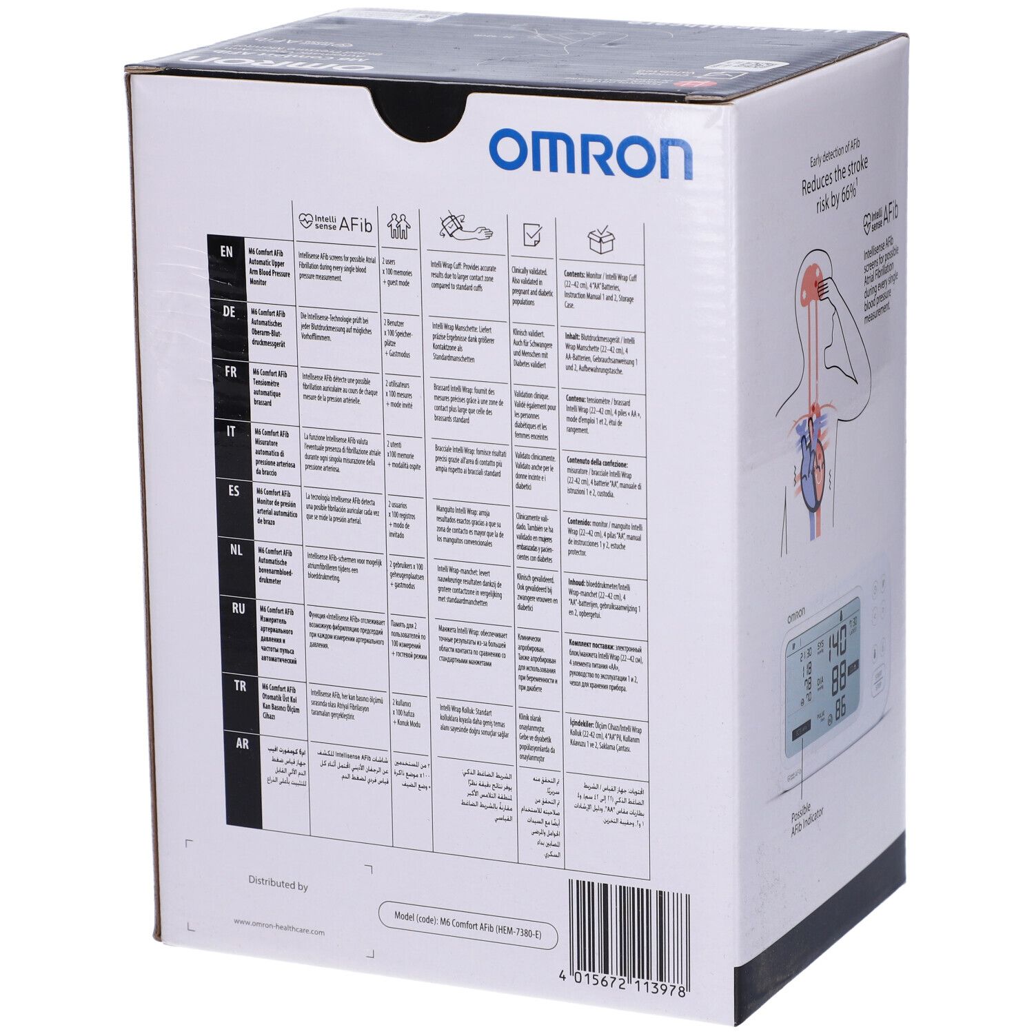 Omron M6 Comfort AFib Oberarm-Blutdruckmessgerät auf Kartonverpackung mit Abbildung des Geräts und Manschette.