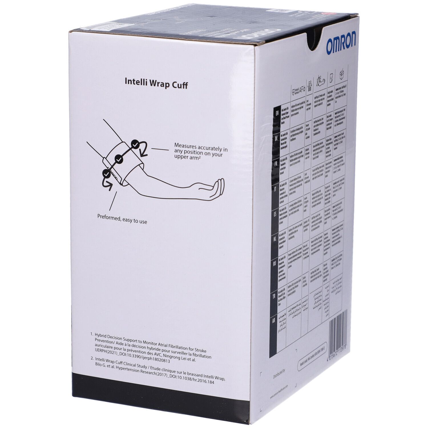 Omron M6 Comfort AFib Oberarm-Blutdruckmessgerät auf Kartonverpackung mit Abbildung des Geräts und Manschette.