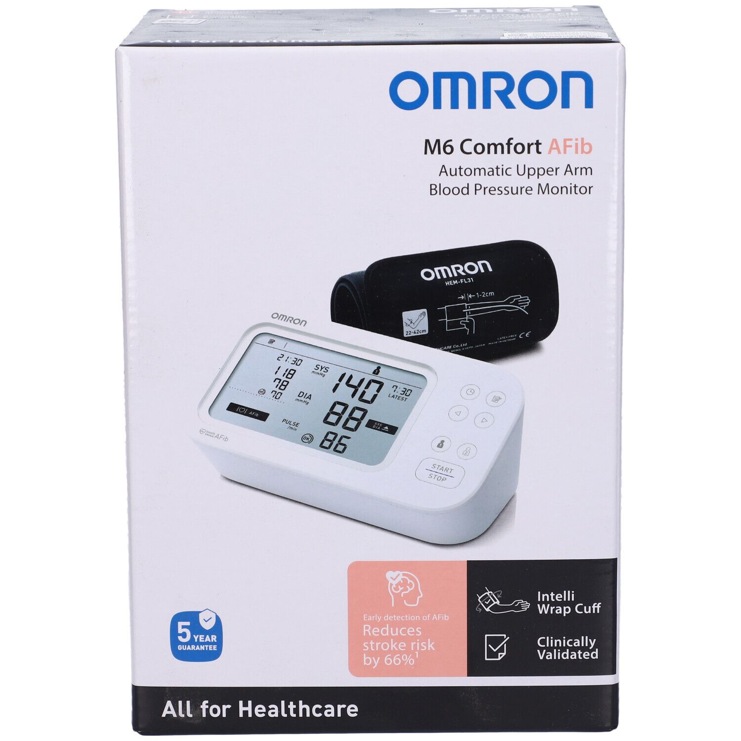 Omron M6 Comfort AFib Oberarm-Blutdruckmessgerät mit Manschette.