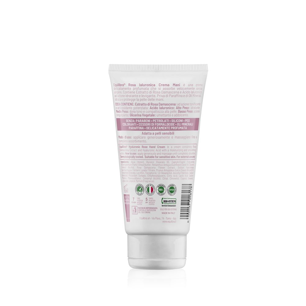 Rückseite der Creme-Tube Equilibra Rosa Ialuronica Crema Mani. Text, Inhaltsstoffe, Zertifizierungen.