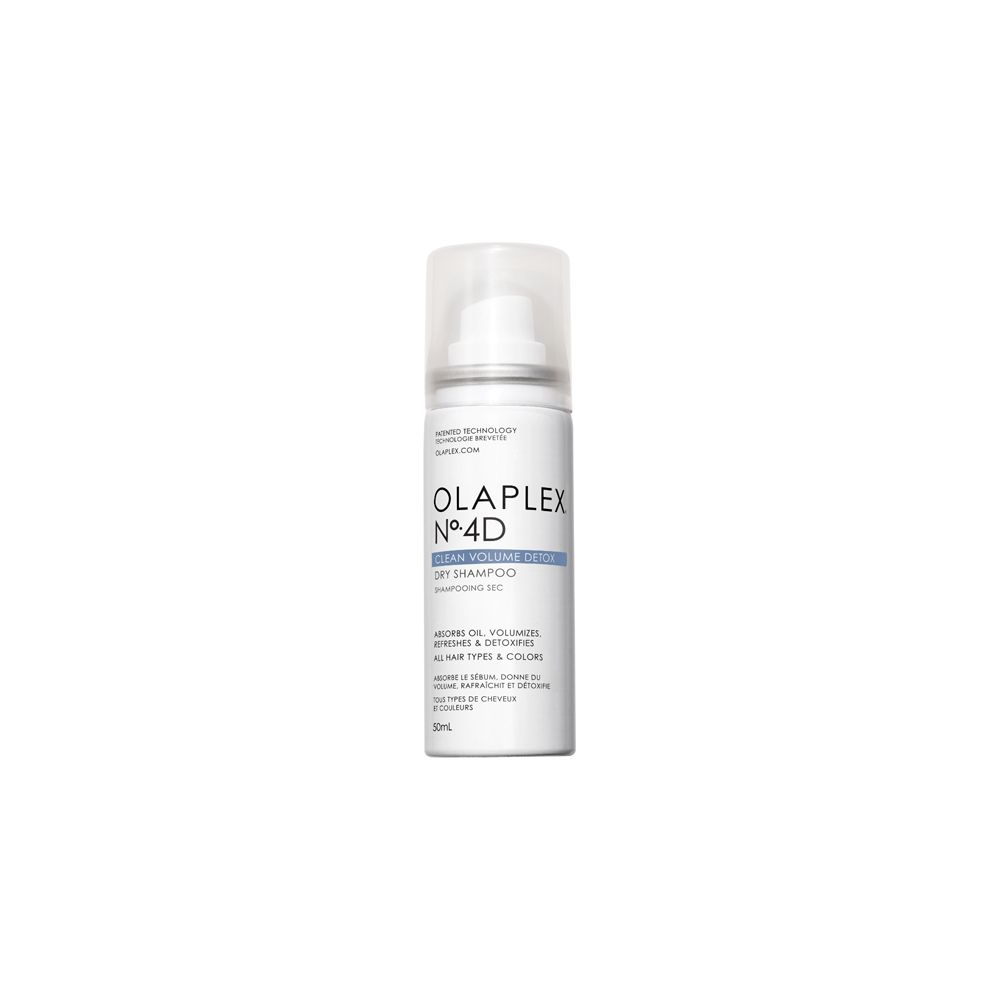 Weißes Olaplex N°.4D Trockenshampoo-Spray. Mit transparentem Deckel. Produktname und Details sind aufgedruckt.