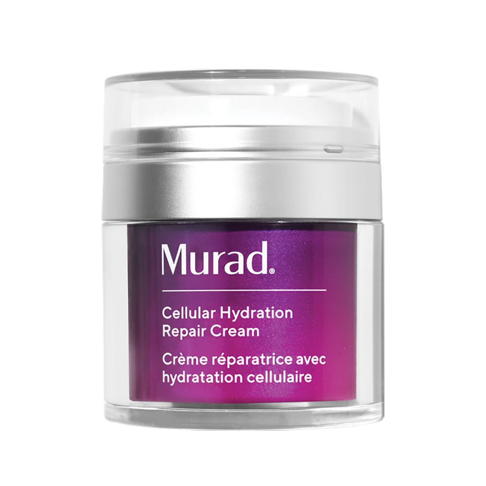 Zylindrischer Tiegel mit silbernem Deckel. Aufschrift: Murad Cellular Hydration Repair Cream. Violette Produktfarbe sichtbar.