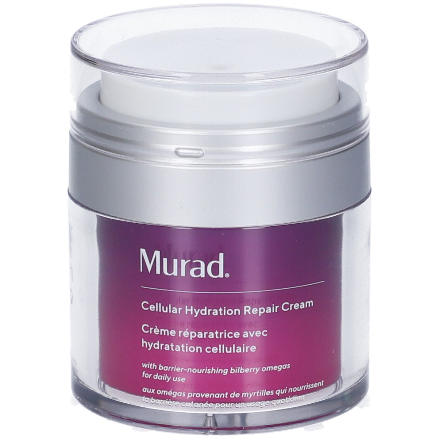 Zylindrischer Tiegel mit silbernem Deckel. Aufschrift: Murad Cellular Hydration Repair Cream. Violette Produktfarbe sichtbar.
