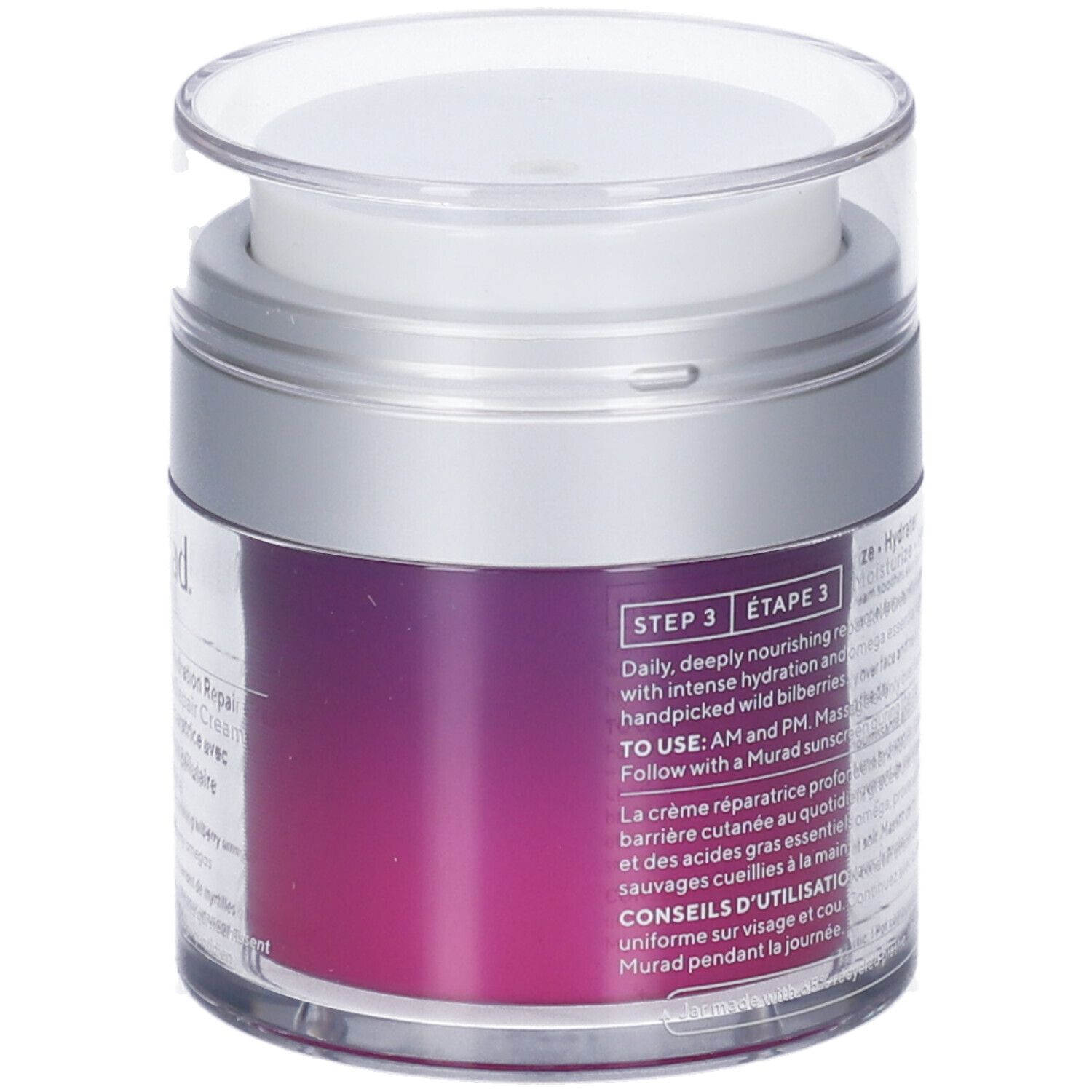 Rückseite des Tiegels. Textinformationen und Logos. Violette Produktfarbe sichtbar.
