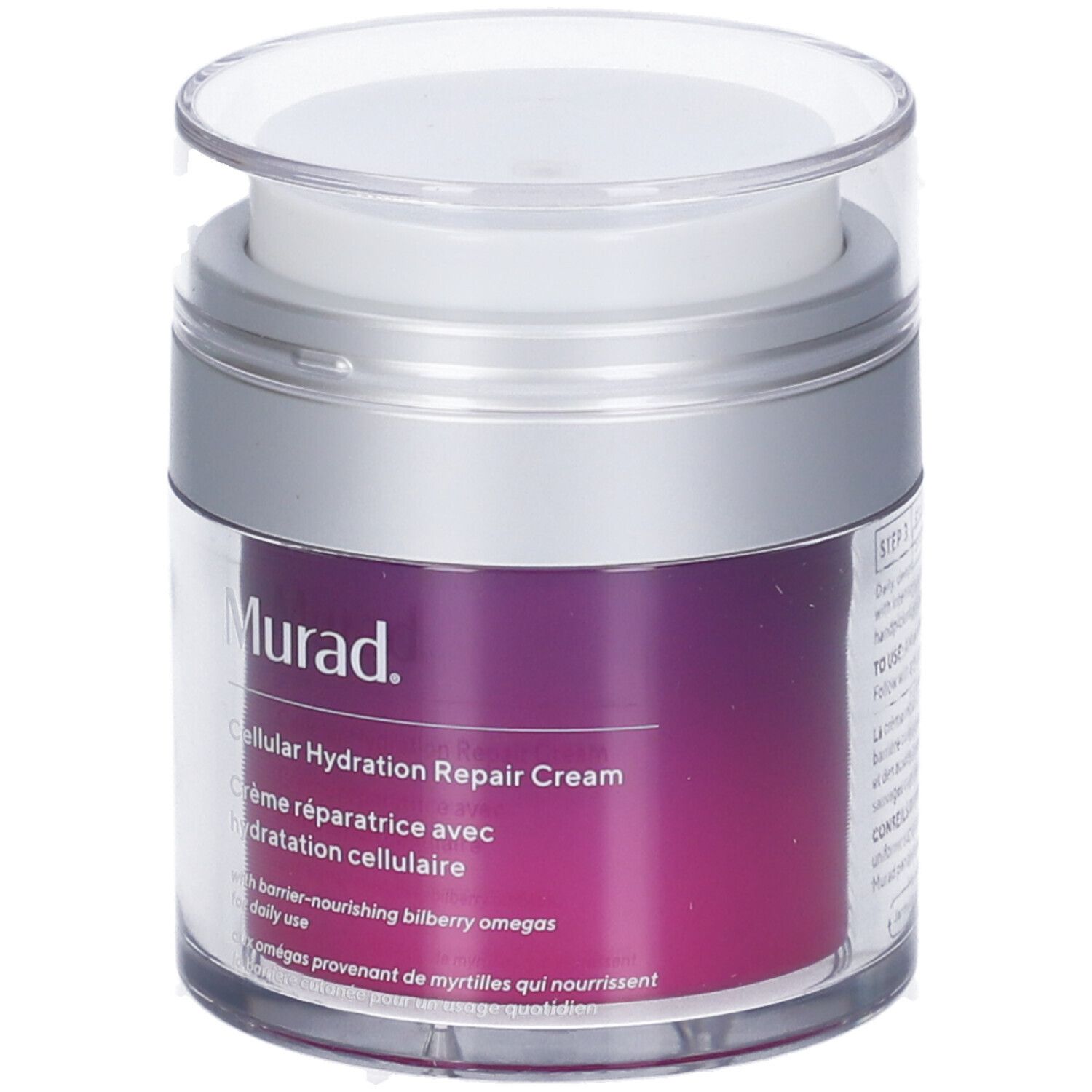 Zylindrischer Tiegel mit silbernem Deckel. Aufschrift: Murad Cellular Hydration Repair Cream. Violette Produktfarbe sichtbar.