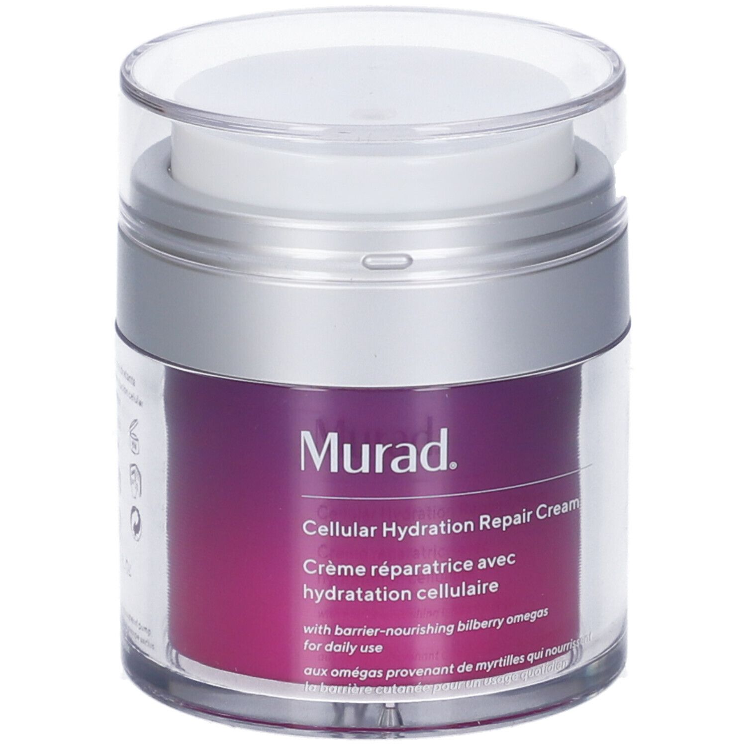 Zylindrischer Tiegel mit silbernem Deckel. Aufschrift: Murad Cellular Hydration Repair Cream. Violette Produktfarbe sichtbar.