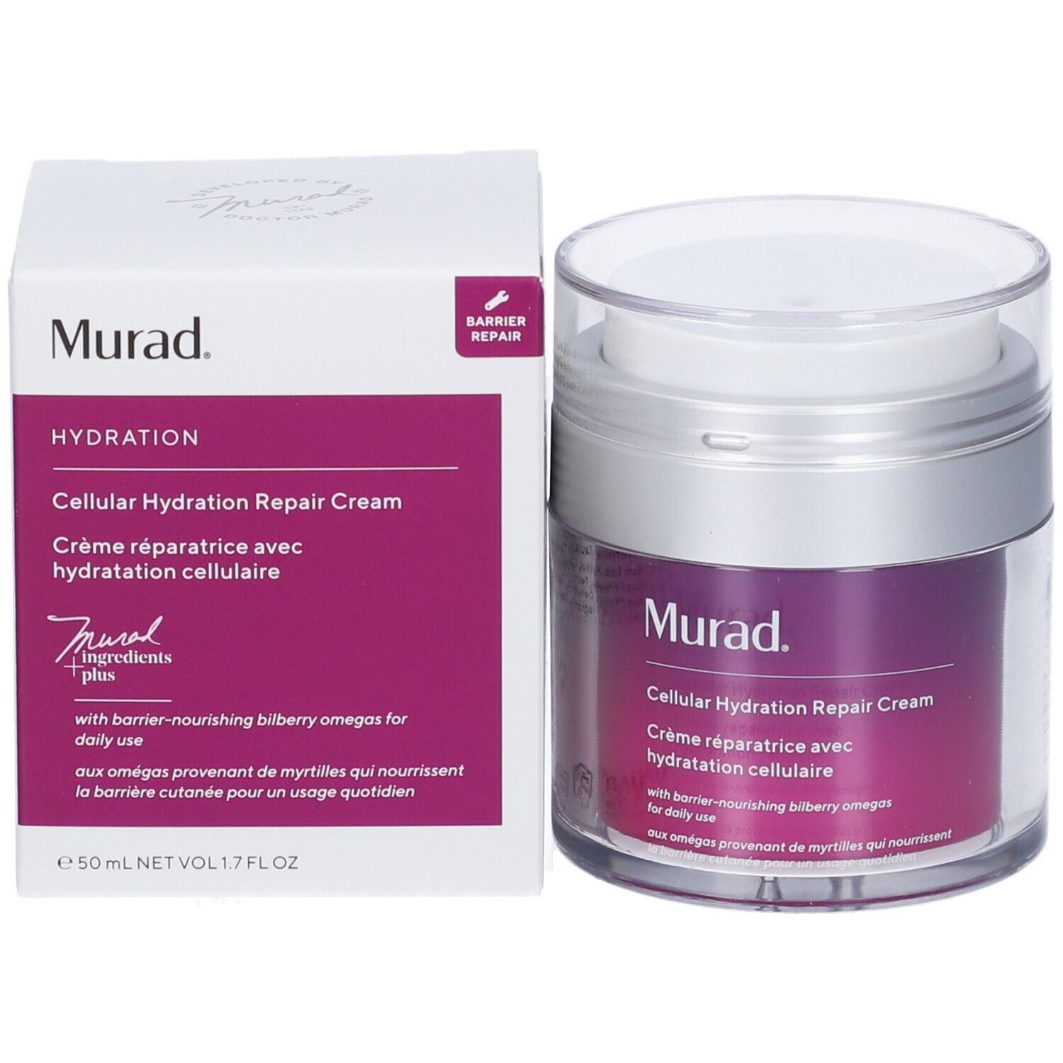 Produktverpackung und Tiegel. Aufschrift: Murad Cellular Hydration Repair Cream. Violette Produktfarbe sichtbar.