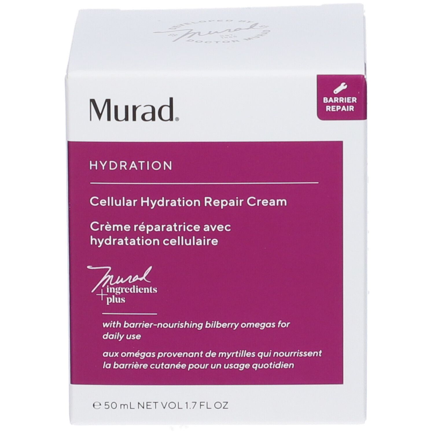 Produktverpackung. Aufschrift: Murad Cellular Hydration Repair Cream. Violette Produktfarbe sichtbar.
