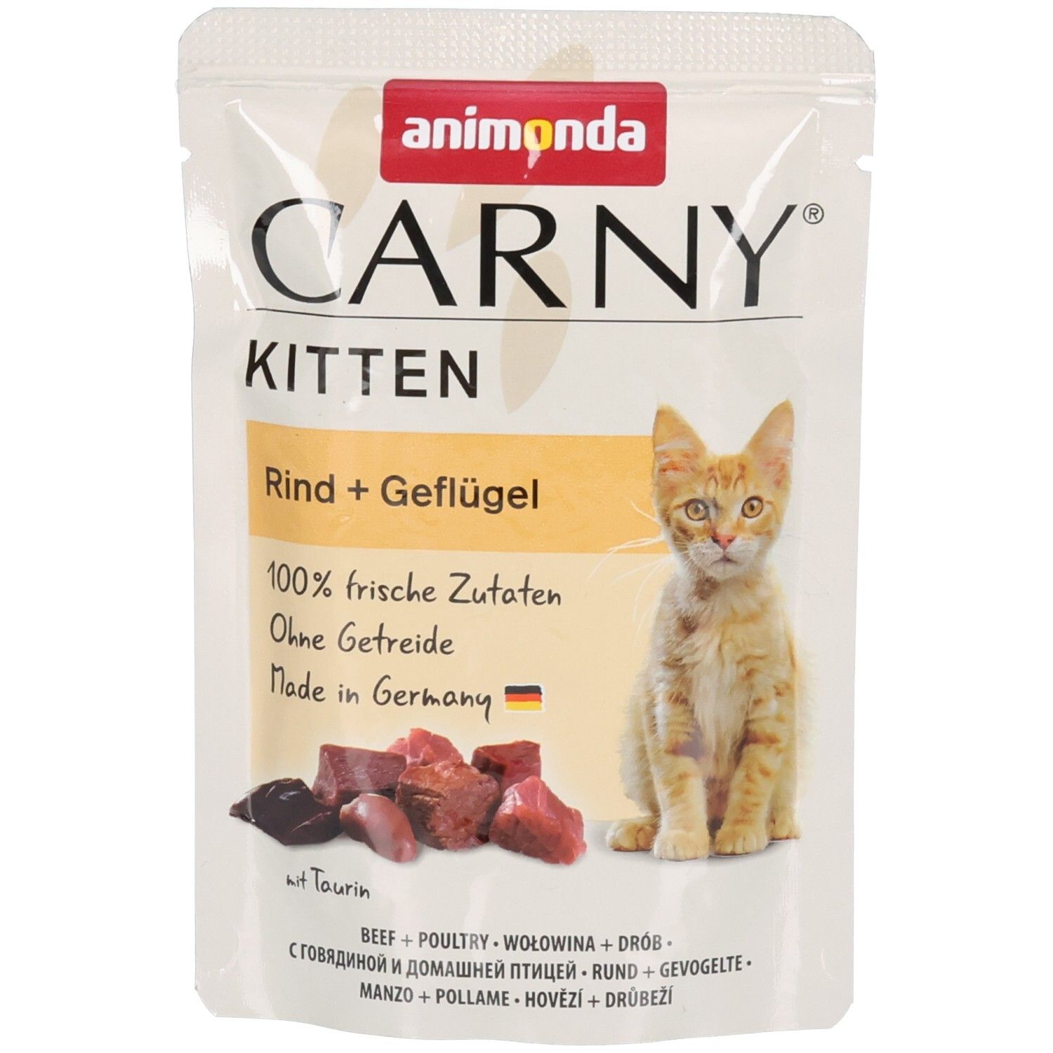 Rückseite des Animonda Carny Kitten Futterbeutels mit Zutaten und Fütterungsempfehlung.