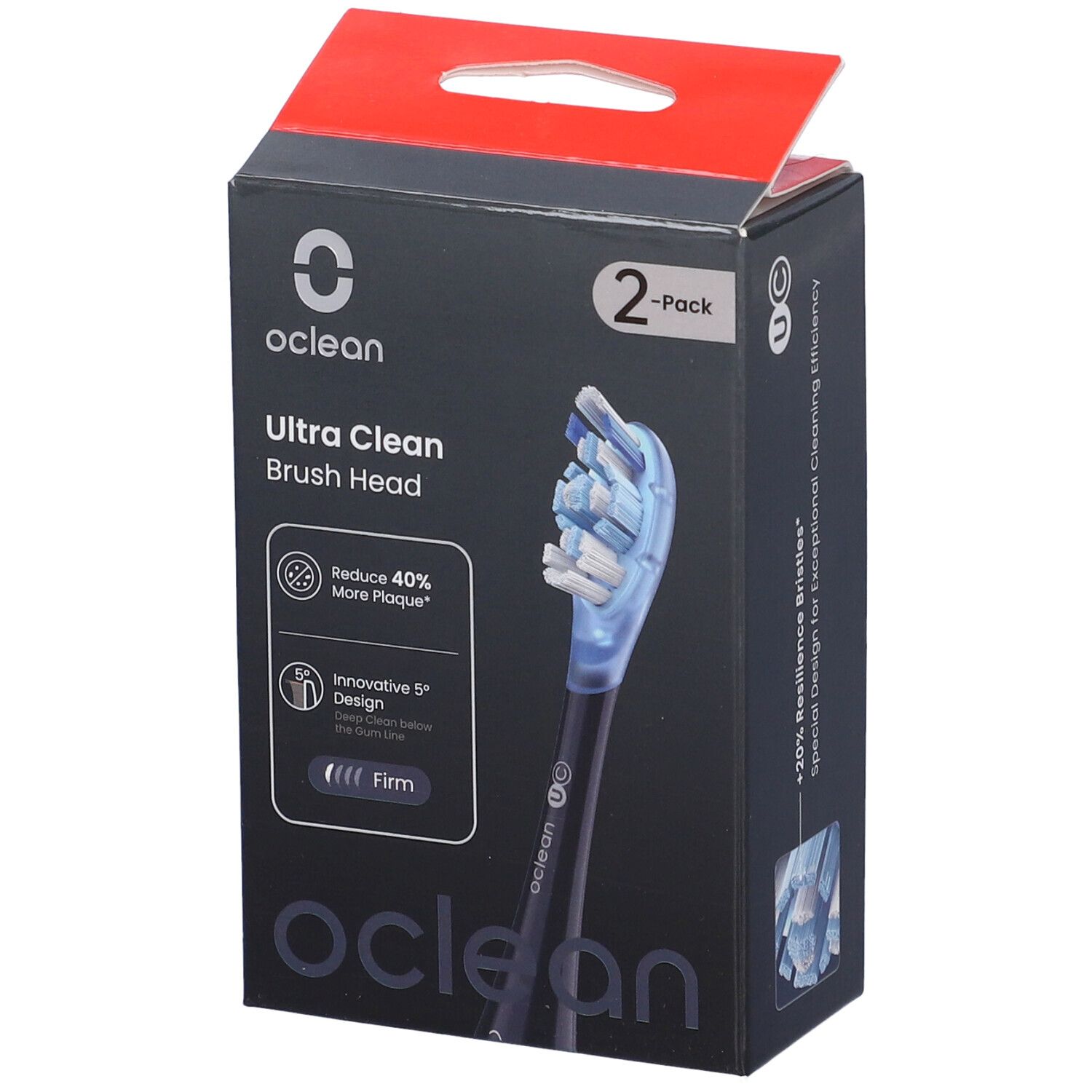 Oclean Ultra Clean Bürstenkopf, 2er-Pack. Schwarze Verpackung mit Produktabbildung und Logos.