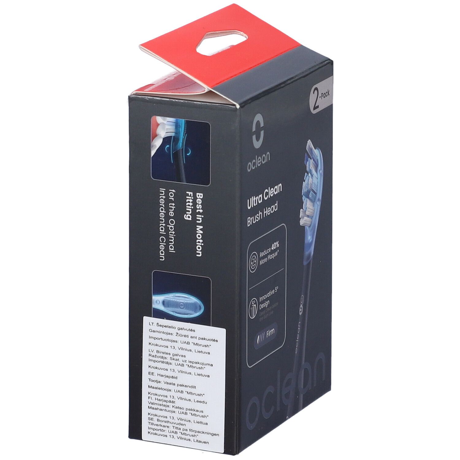 Oclean Ultra Clean Bürstenkopf-Verpackung. Seitenansicht mit Produktinformationen und Logos.