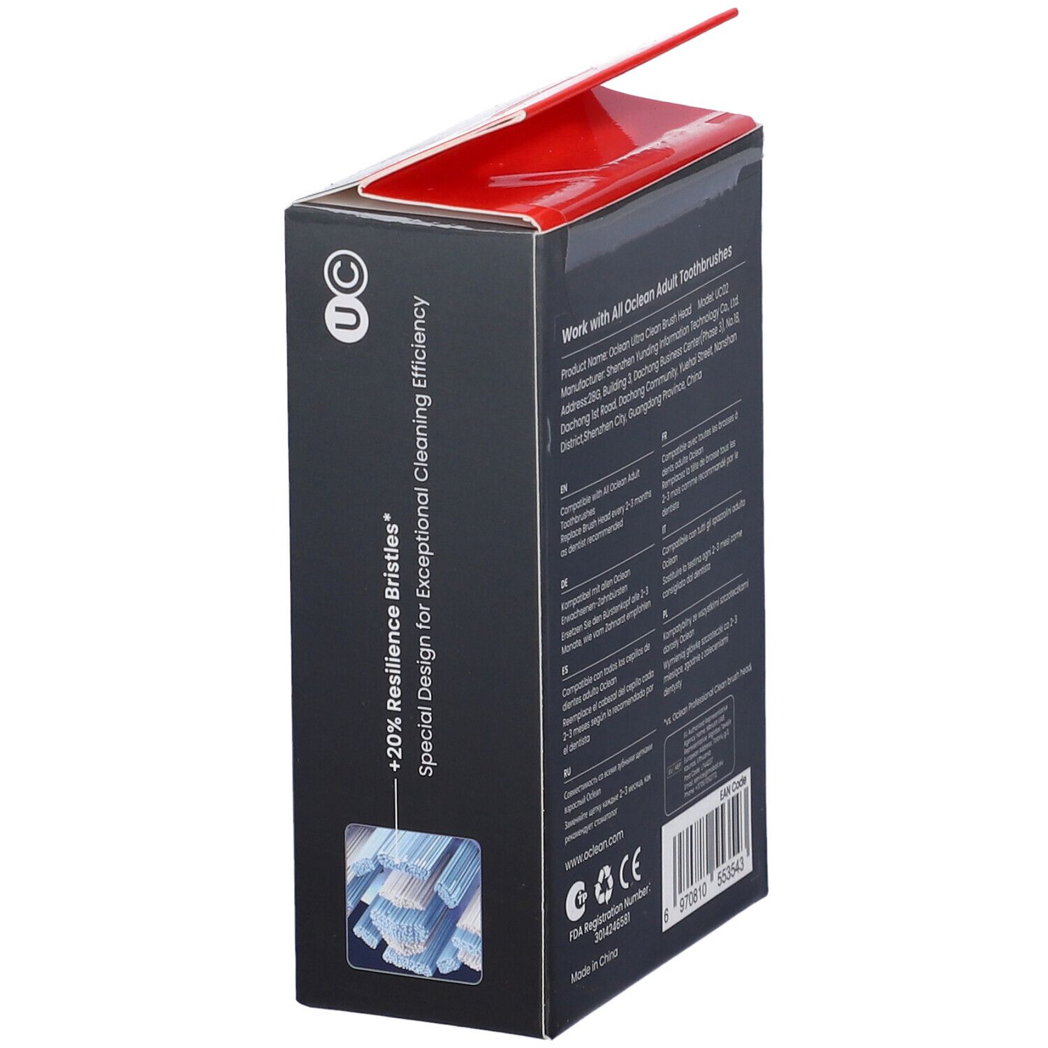 Oclean Ultra Clean Bürstenkopf-Verpackung. Detailansicht mit Produktmerkmalen und Logos.