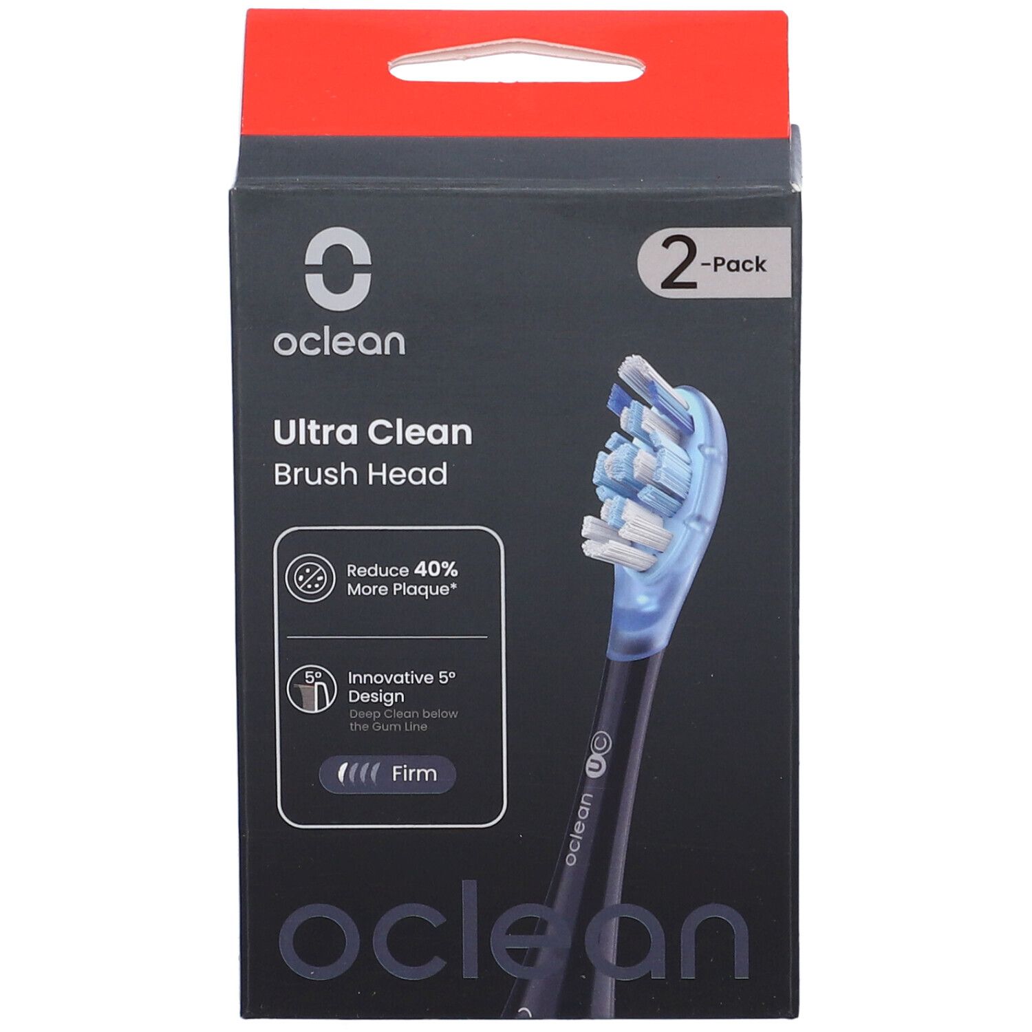 Oclean Ultra Clean Bürstenkopf, 2er-Pack. Schwarze Verpackung mit Produktabbildung und Logos.