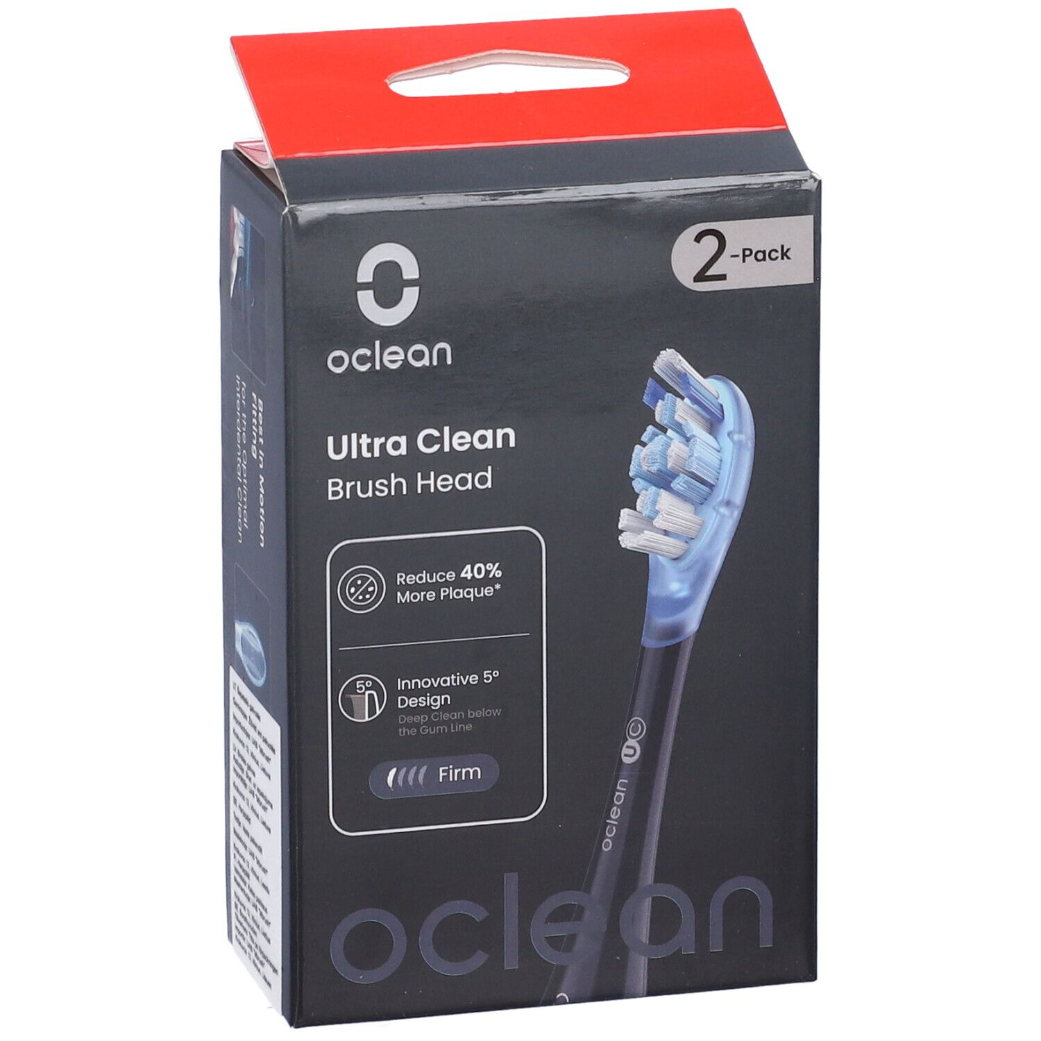 Oclean Ultra Clean Bürstenkopf, 2er-Pack. Schwarze Verpackung mit Produktabbildung und Logos.