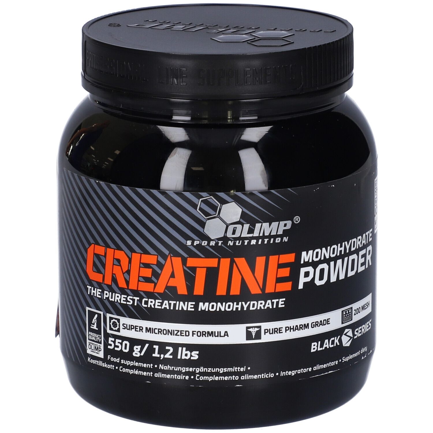 Schwarze Dose mit Olimp Creatine Monohydrate Powder. Orangefarbener Schriftzug. 550 g/1,2 lbs. Schwarze Serie.