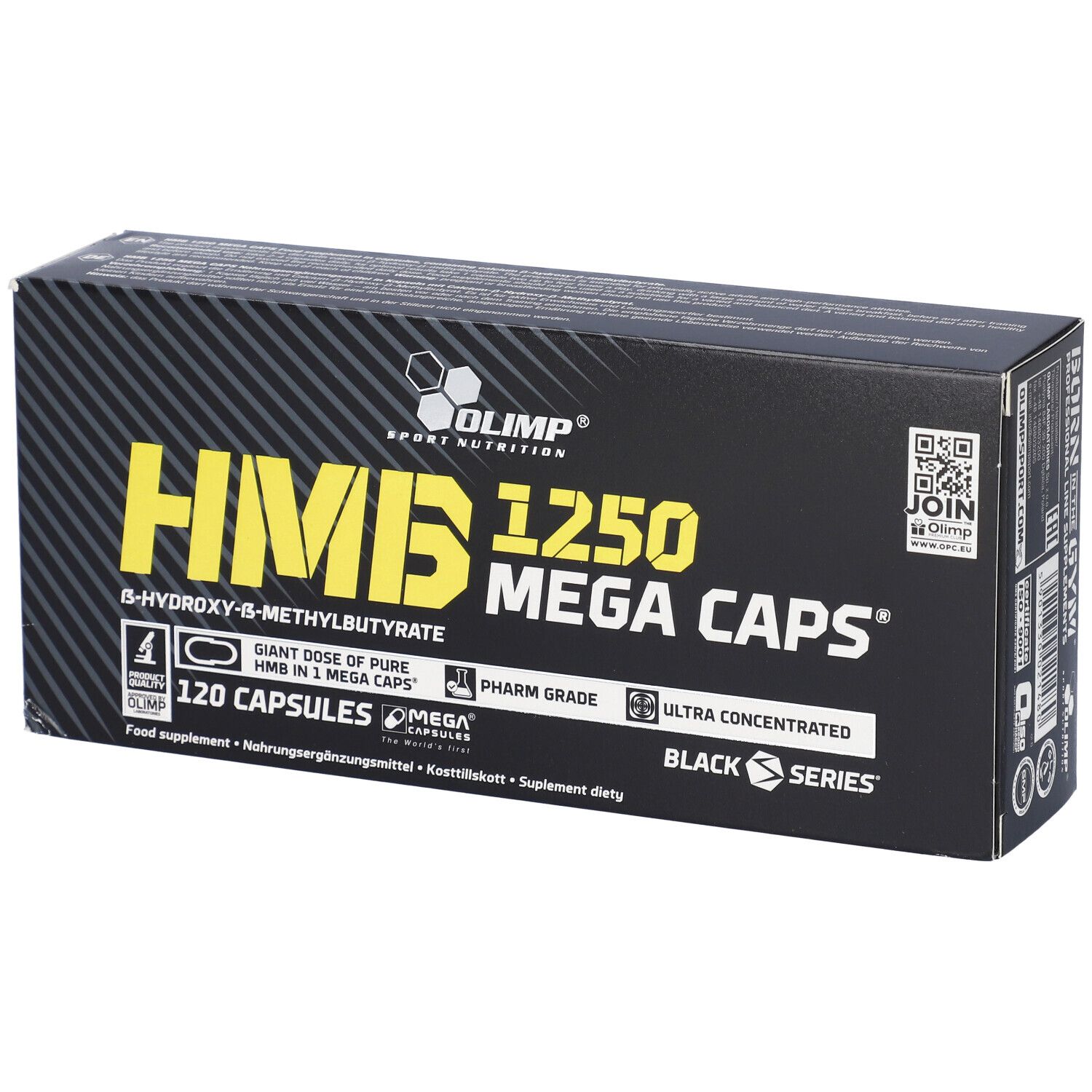 Schwarze Verpackung mit gelbem Text. Aufschrift: HMB 1250 Mega Caps, 120 Kapseln. Marke: Olimp.
