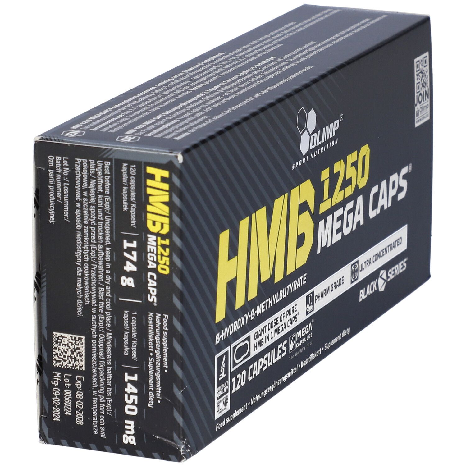 Schwarze Verpackung mit gelbem Text. Aufschrift: HMB 1250 Mega Caps, 120 Kapseln. Marke: Olimp.