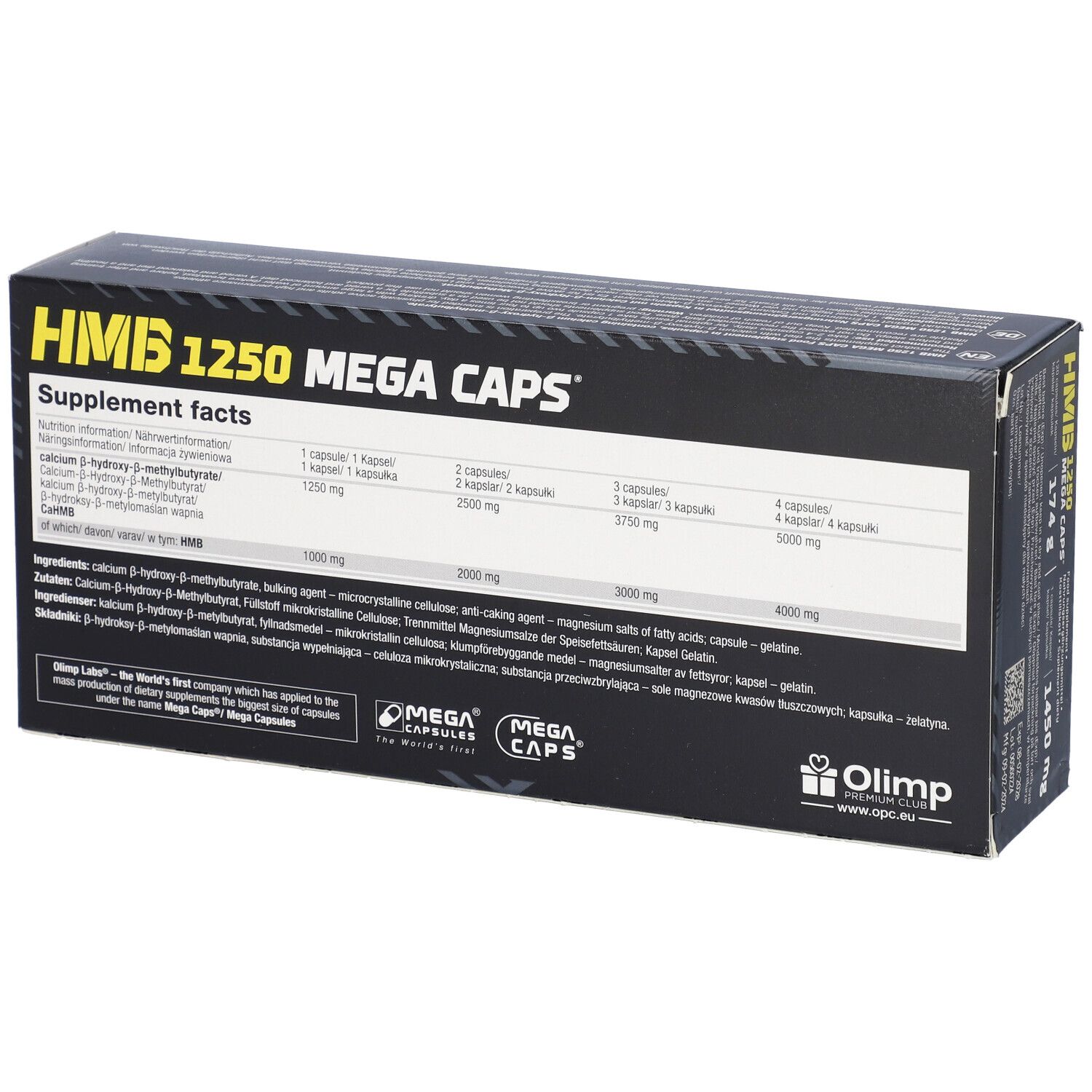 Schwarze Verpackung mit gelbem Text. Aufschrift: HMB 1250 Mega Caps. Enthält Nährwertangaben. Marke: Olimp.