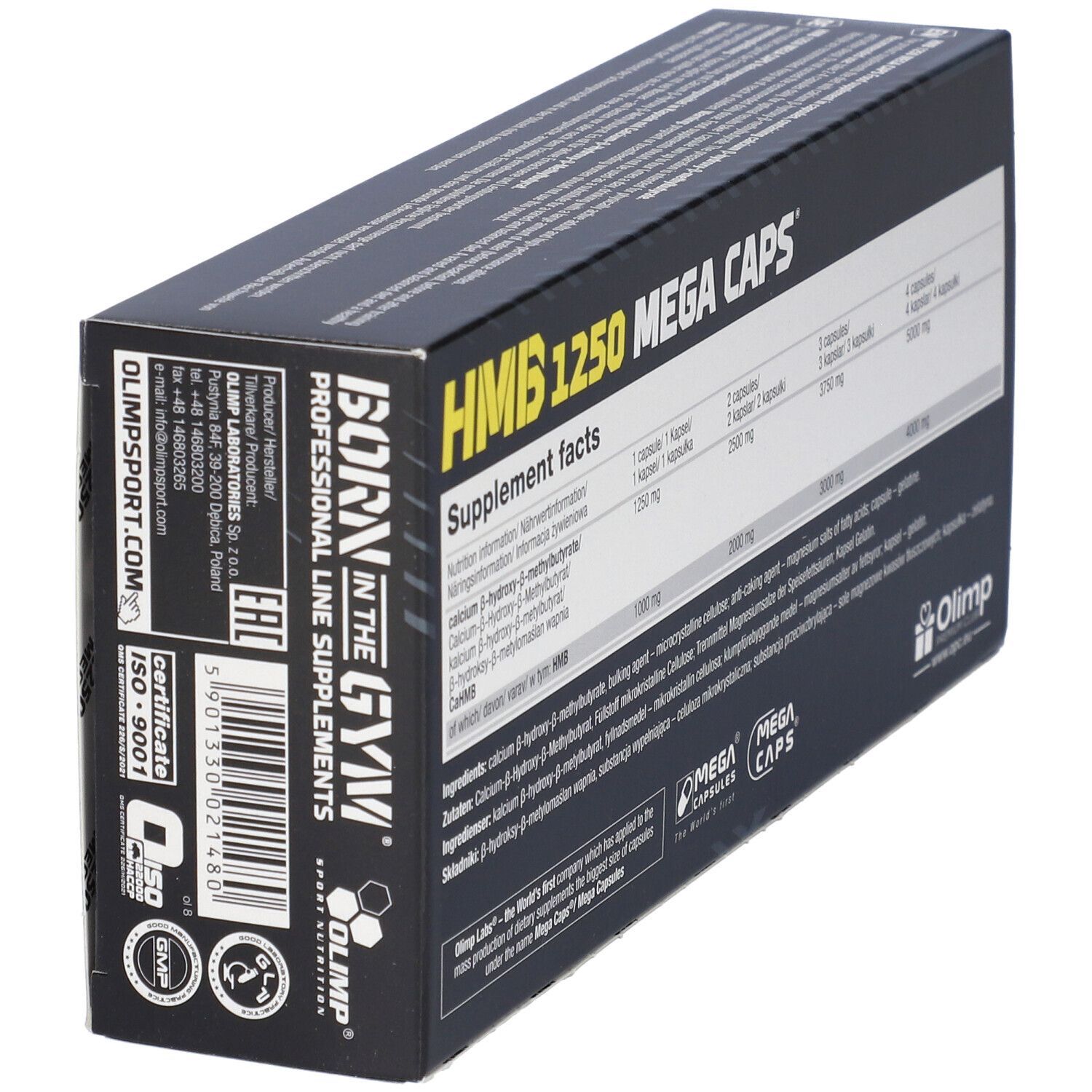 Schwarze Verpackung mit gelbem Text. Aufschrift: HMB 1250 Mega Caps. Enthält Nährwertangaben. Marke: Olimp.