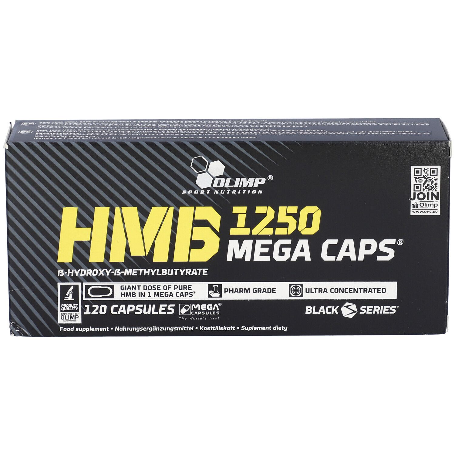 Schwarze Verpackung mit gelbem Text. Aufschrift: HMB 1250 Mega Caps, 120 Kapseln. Marke: Olimp.