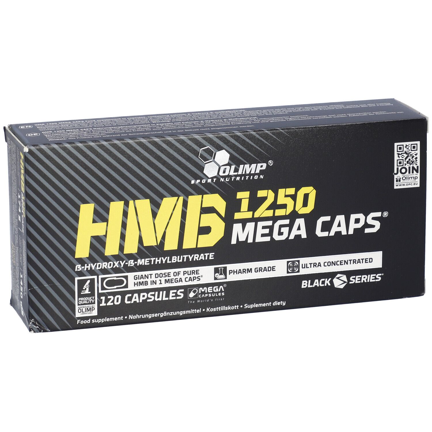 Schwarze Verpackung mit gelbem Text. Aufschrift: HMB 1250 Mega Caps, 120 Kapseln. Marke: Olimp.