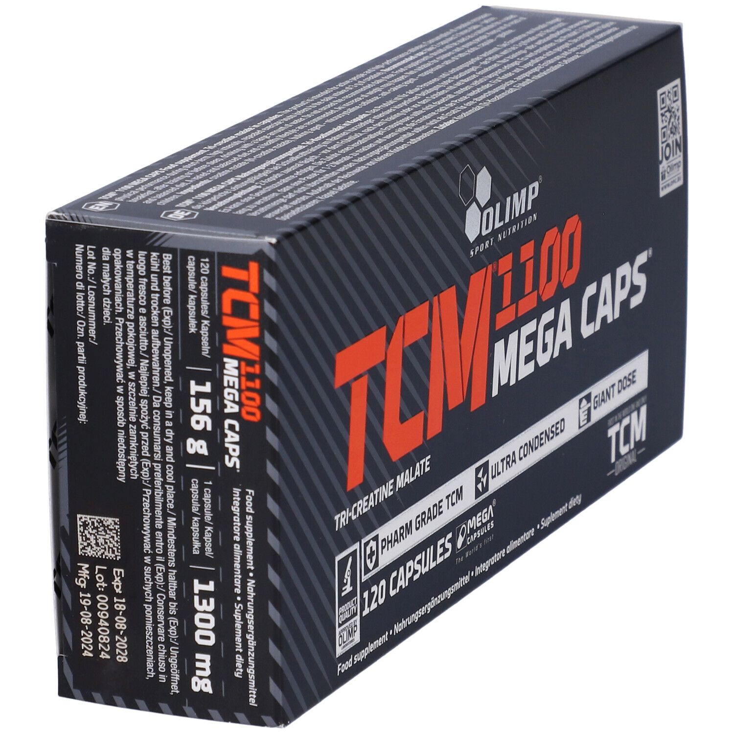 Schwarze Schachtel mit orangefarbenem Text. Enthält 120 Kapseln. Aufschrift: TCM 1100 Mega Caps. Marke: Olimp. Seitenansicht.