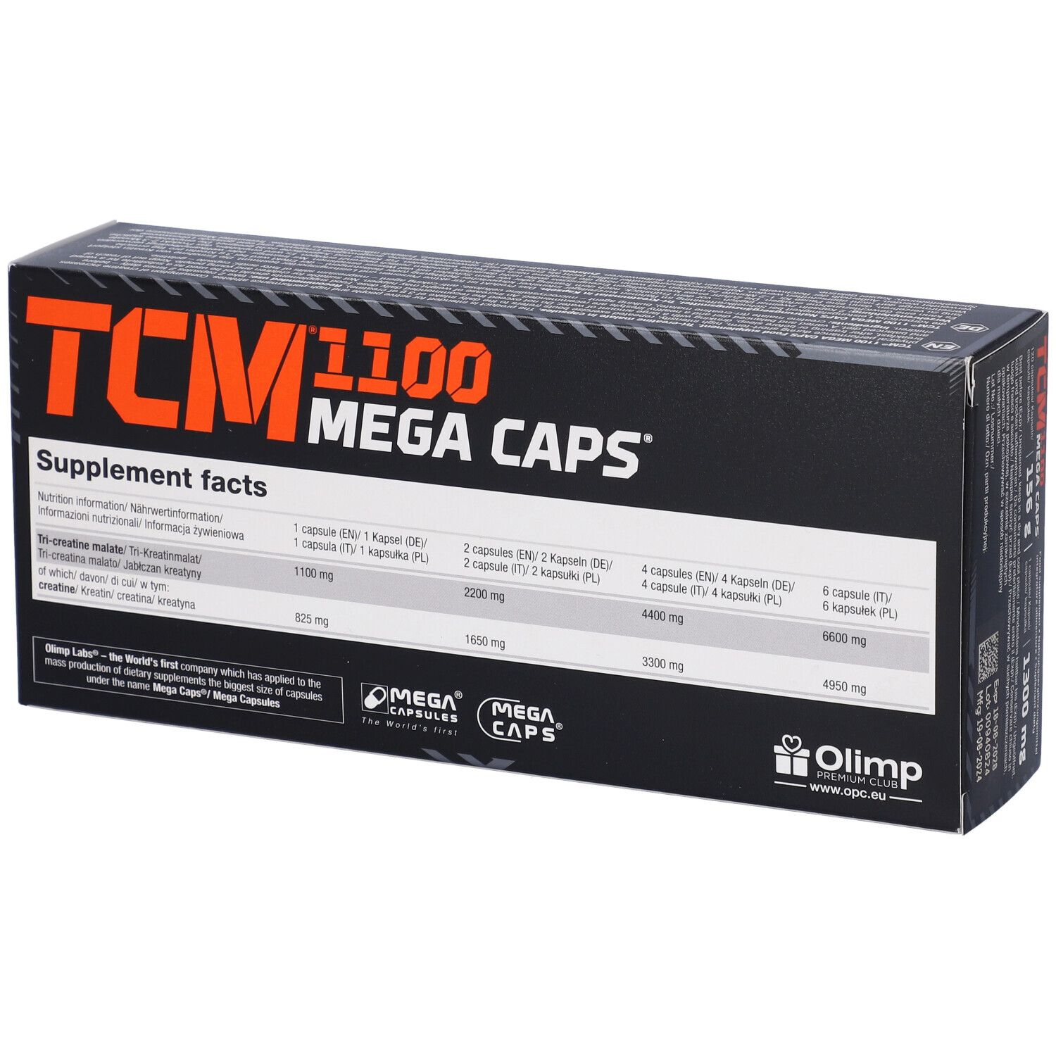 Schwarze Schachtel mit orangefarbenem Text. Enthält 120 Kapseln. Aufschrift: TCM 1100 Mega Caps. Marke: Olimp. Nährwerttabelle.