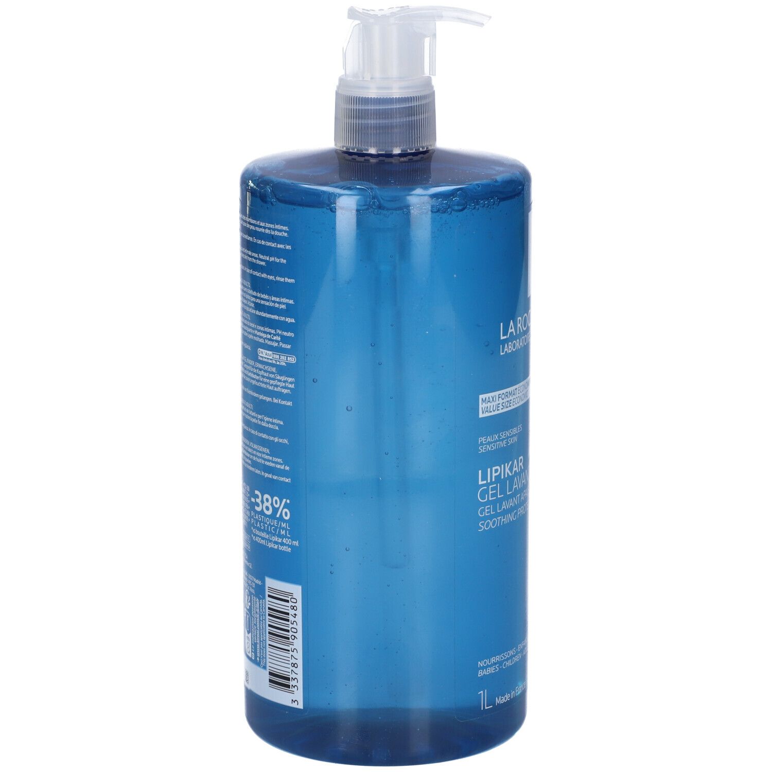 Blaue Pumpflasche mit klarem Gel. Beschriftung: Lipikar Gel Lavant.