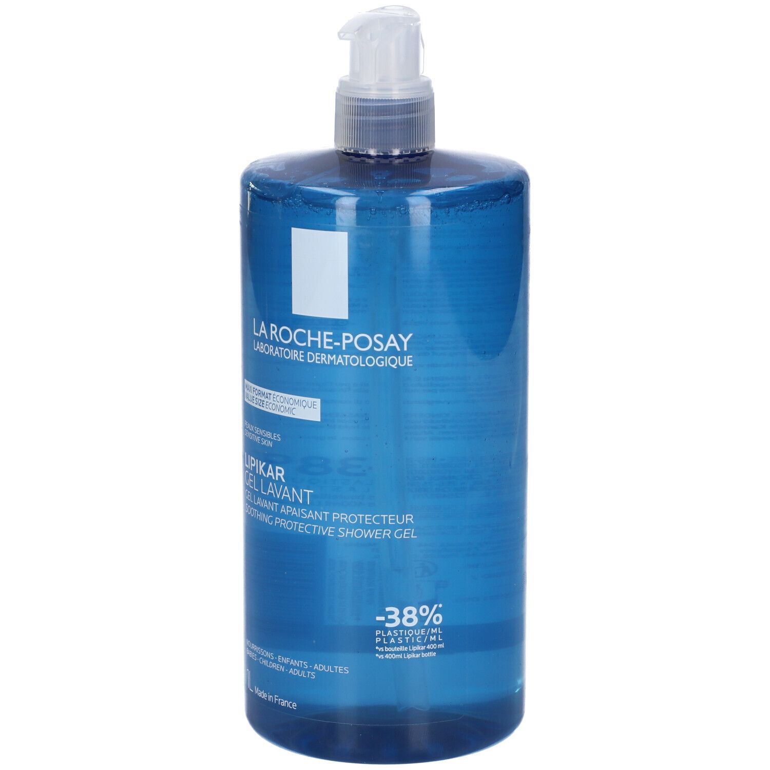 La Roche-Posay Lipikar Duschgel in einem blauen Pumpspender. Enthält -38% Plastik.