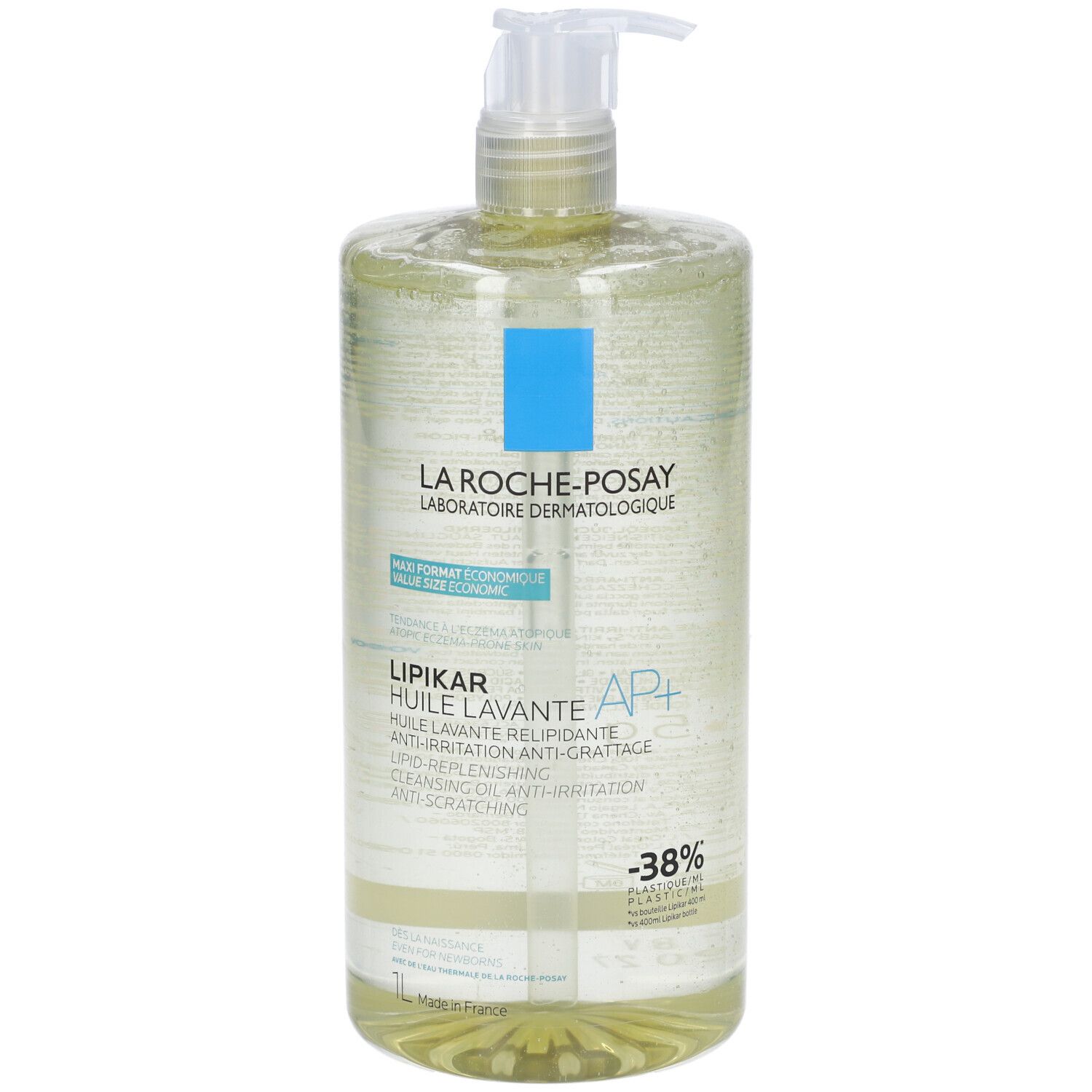 La Roche-Posay Lipikar Reinigungsöl in 1L Pumpspender. Gelbliche Flüssigkeit, transparente Flasche.