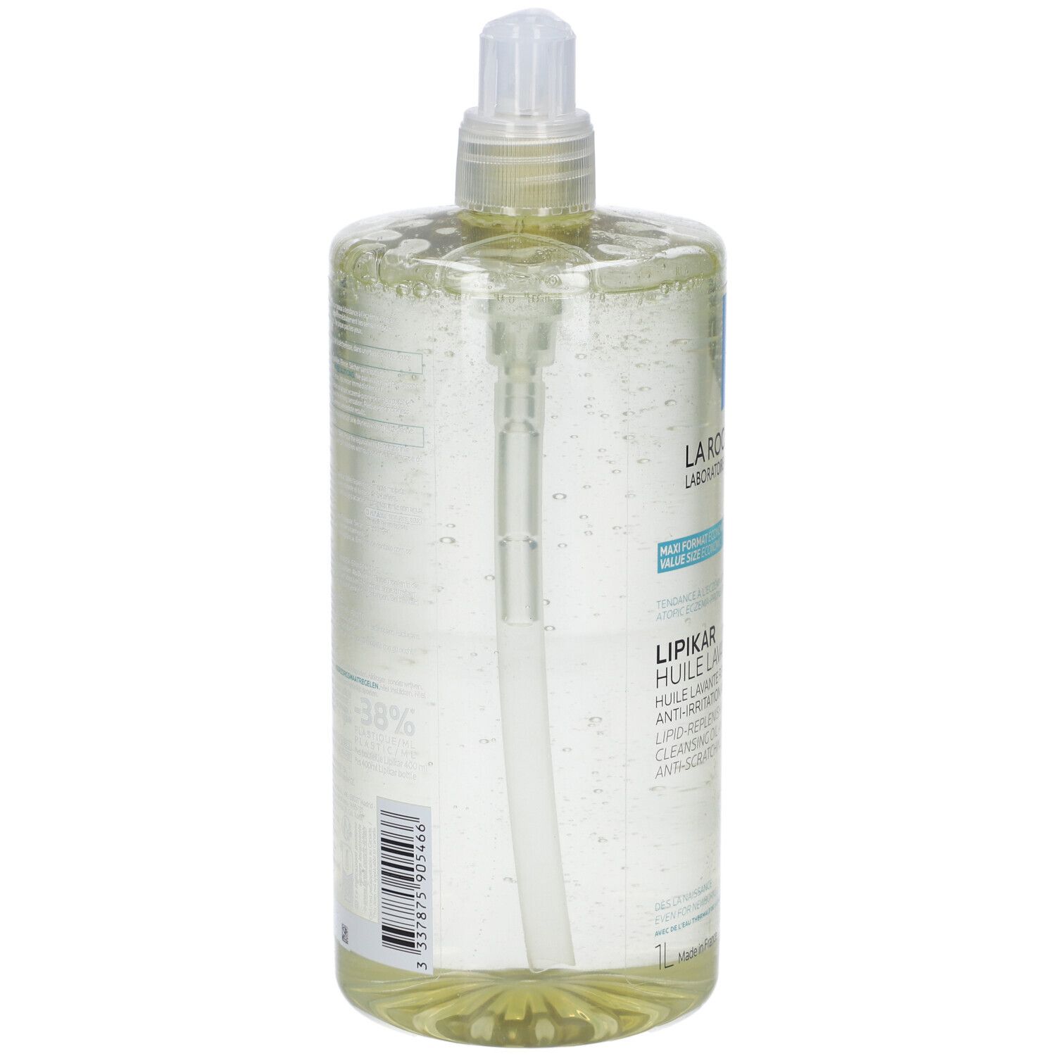 La Roche-Posay Lipikar Reinigungsöl in durchsichtiger Flasche mit Pumpspender. Gelbe Flüssigkeit sichtbar.