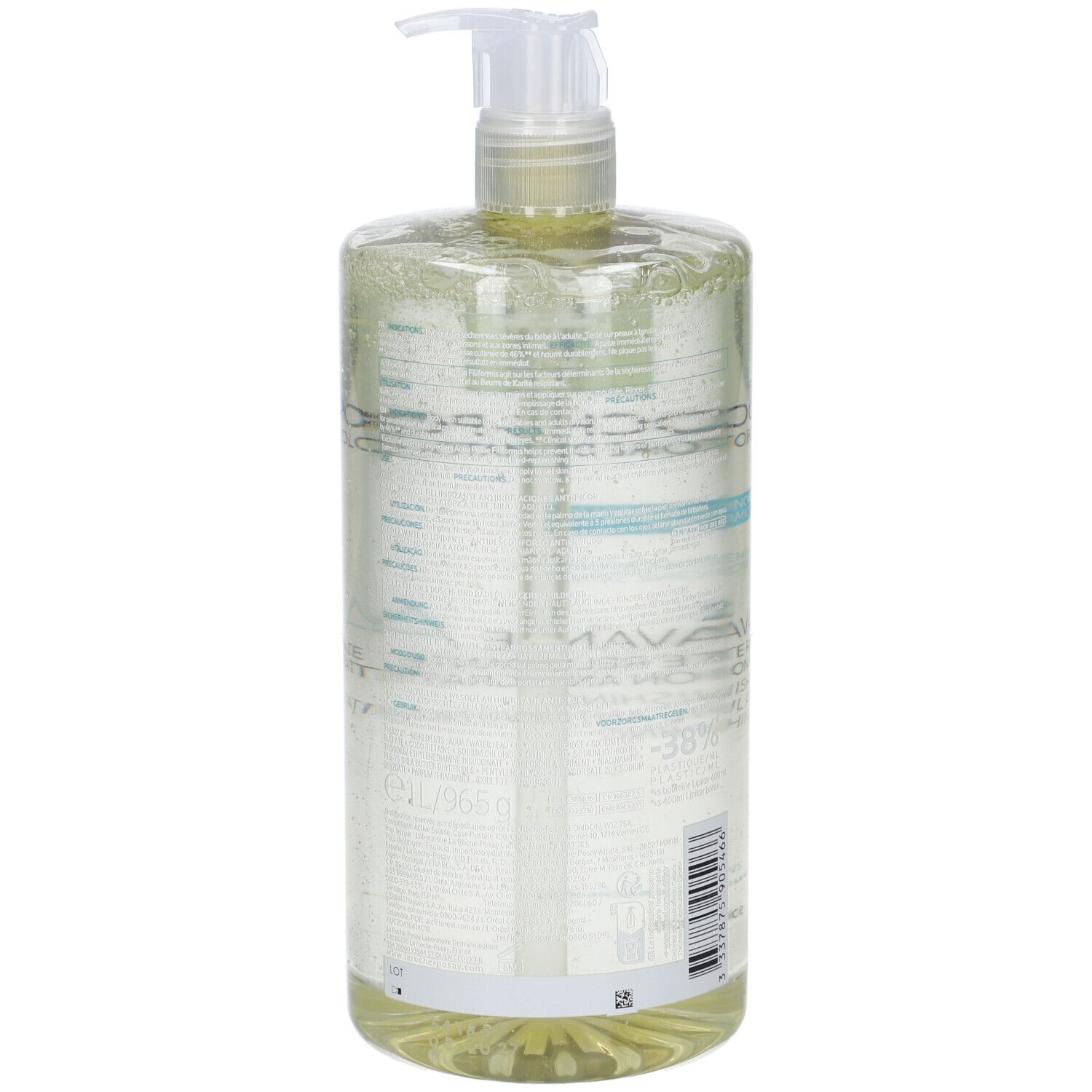 Durchsichtige Flasche mit weißem Pumpspender, gefüllt mit gelblicher Flüssigkeit.
