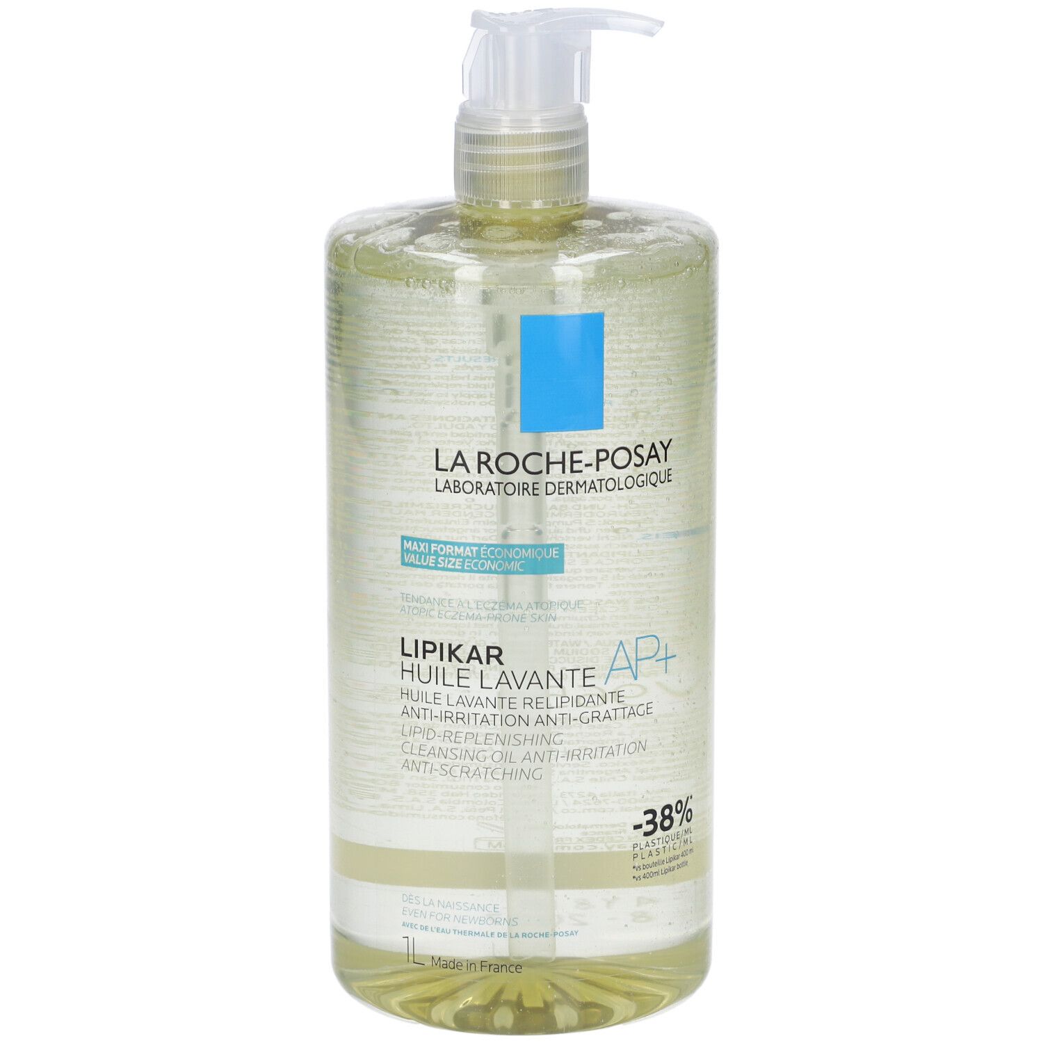 La Roche-Posay Lipikar Huile Lavante AP+ 1L Flasche mit Pumpspender. Klare Flüssigkeit.