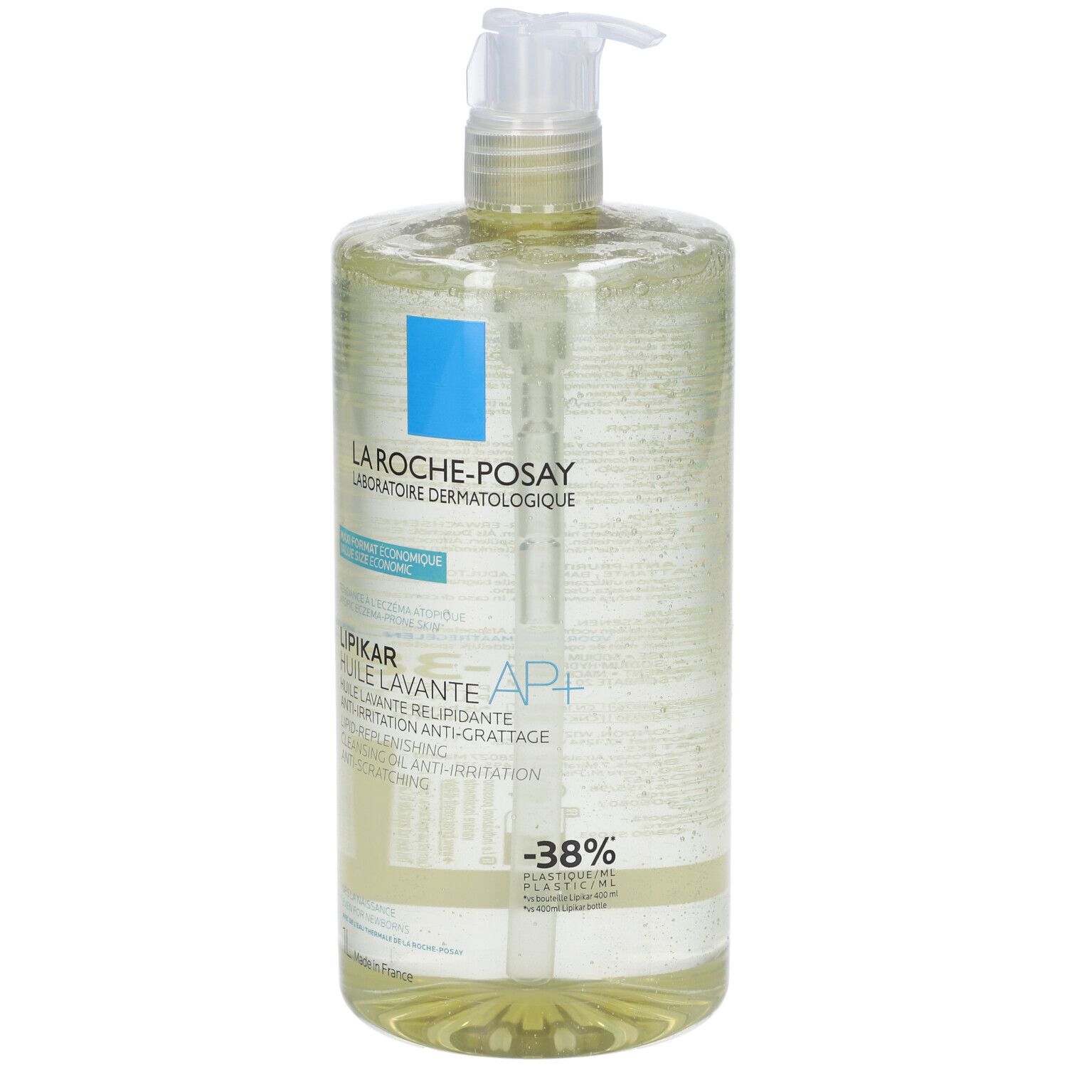 La Roche-Posay Lipikar AP+ Reinigungsöl in durchsichtiger Flasche mit Pumpspender. Enthält -38% Rabatt-Aufkleber.