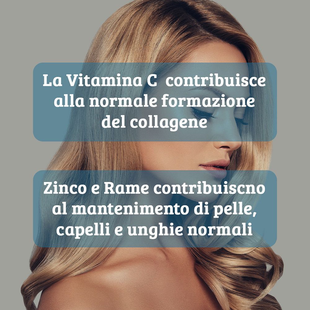 Frau mit langen Haaren, Text über Vitamin C, Zink und Kupfer für Haut und Haare.