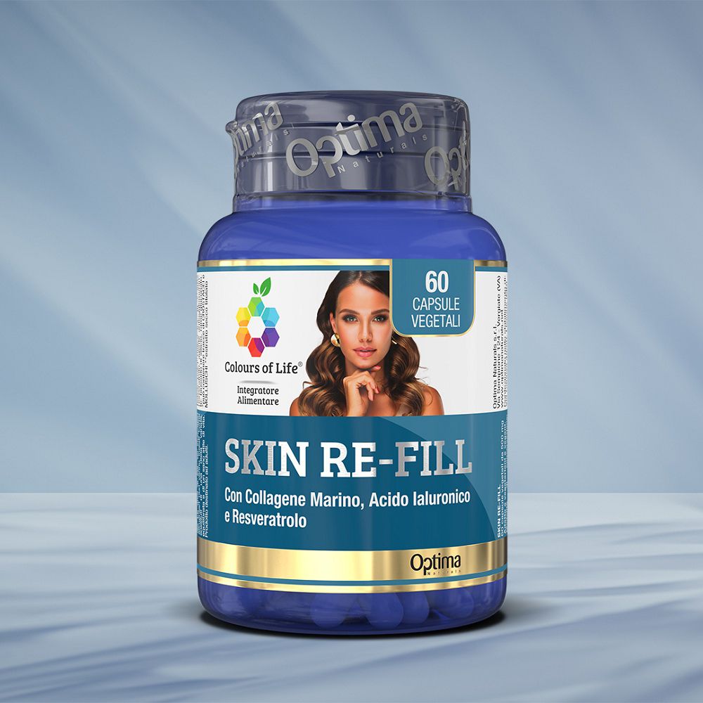 Blauer Behälter mit 60 Kapseln, "Skin Re-Fill" Aufschrift und Bild einer Frau.