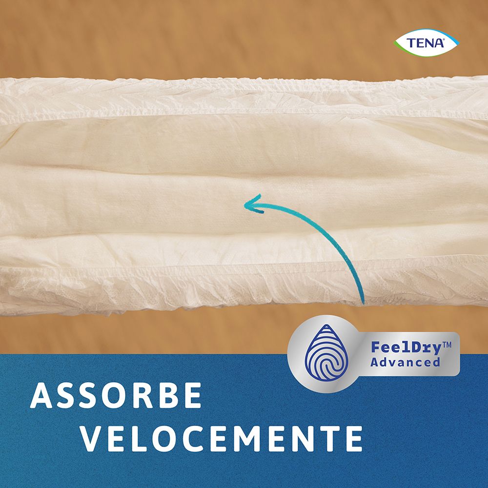 Nahaufnahme der Innenseite der Hose. Text: Assorbe velocemente (Schnell absorbierend). FeelDry Advanced.