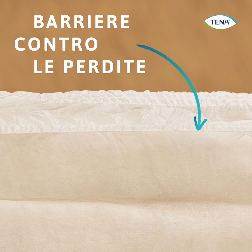 Nahaufnahme einer Inkontinenzhose. Text: Barriere contro le perdite. TENA Logo.