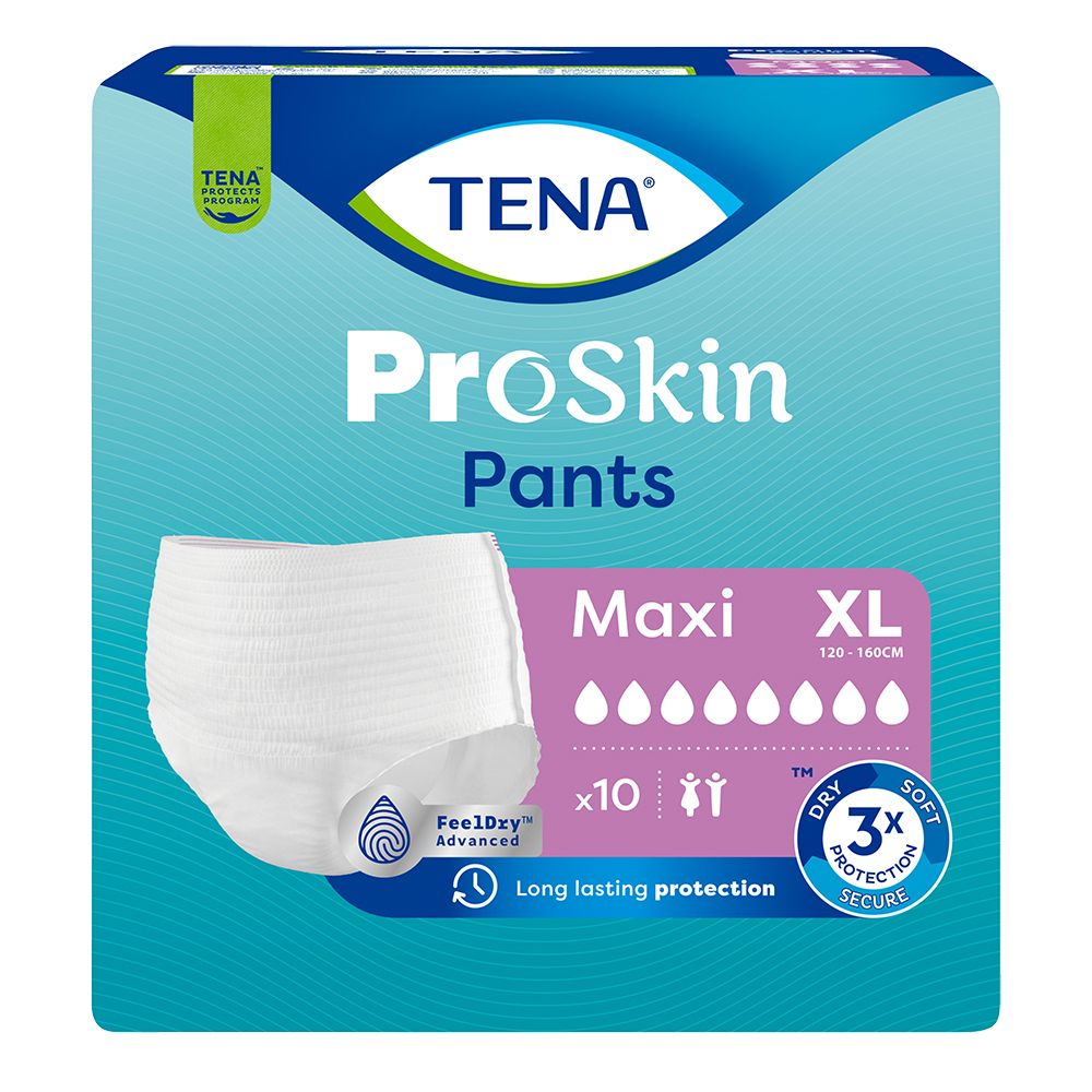 TENA ProSkin Pants Maxi XL-Packung. Weiße Pants, blaue Verpackung mit Produktinformationen und Logo.